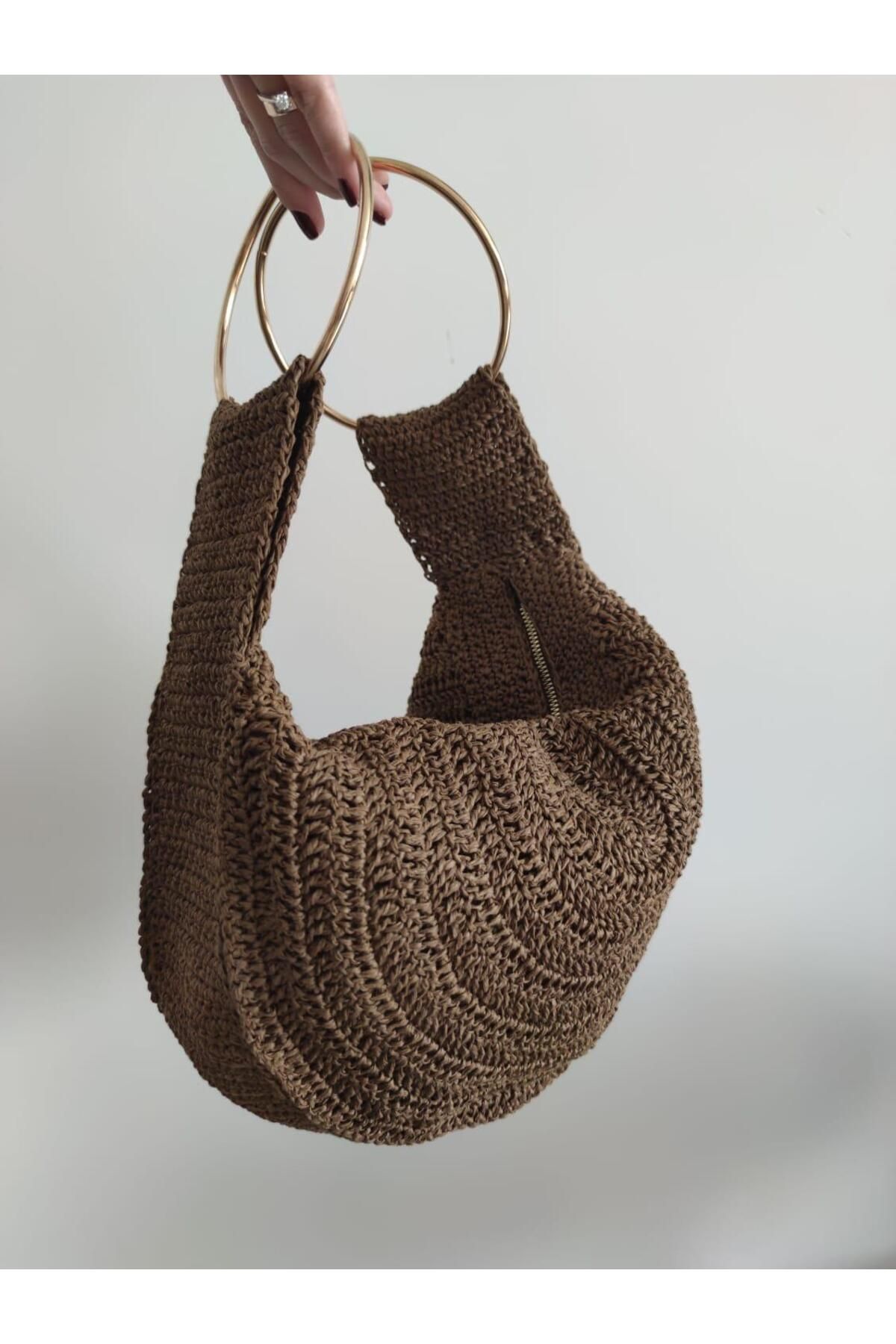 ORGANICMIRA Kadın Hasır El Çantası Halka Detaylı Clutch Bohem Çanta
