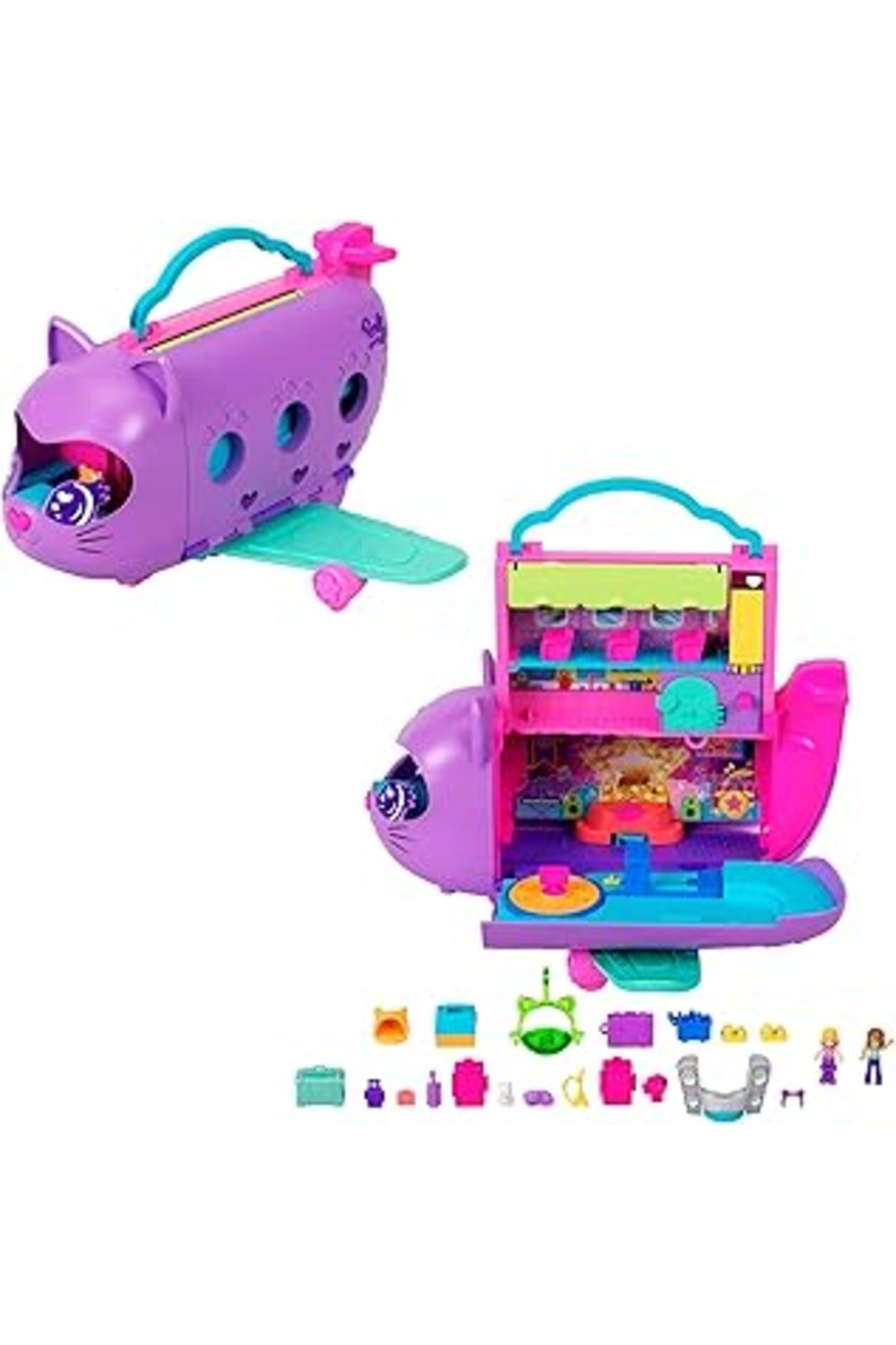 NZM TİCARET Polly Pocket Bebekler Ve Oyun Seti, Kitty Airways Uçak, 2 Mikro Bebek, Evcil Hayvan, Eğirme Sahne V