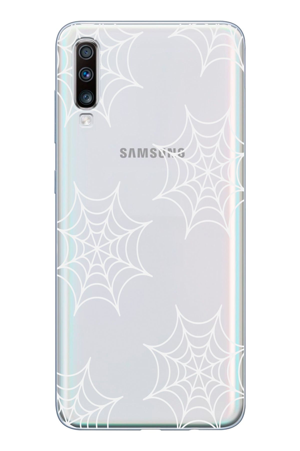 moonset Samsung Galaxy A70 Uyumlu Örümcek Ağ Tasarımlı Baskılı Şeffaf Telefon Kılıfı