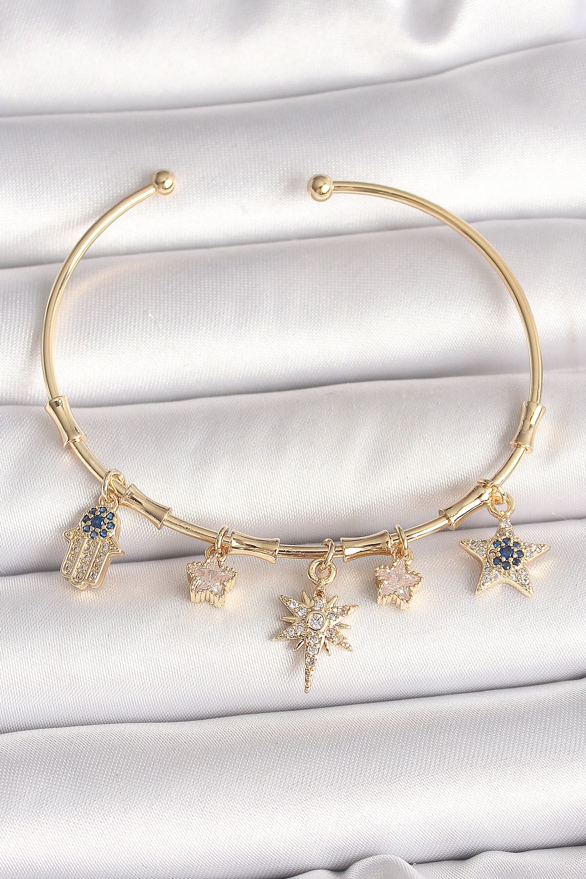 OEM Pirinç Gold Renk Sallantı Zirkon Taşlı Kutup Yıldız Model Charm Model Kadın Bileklik