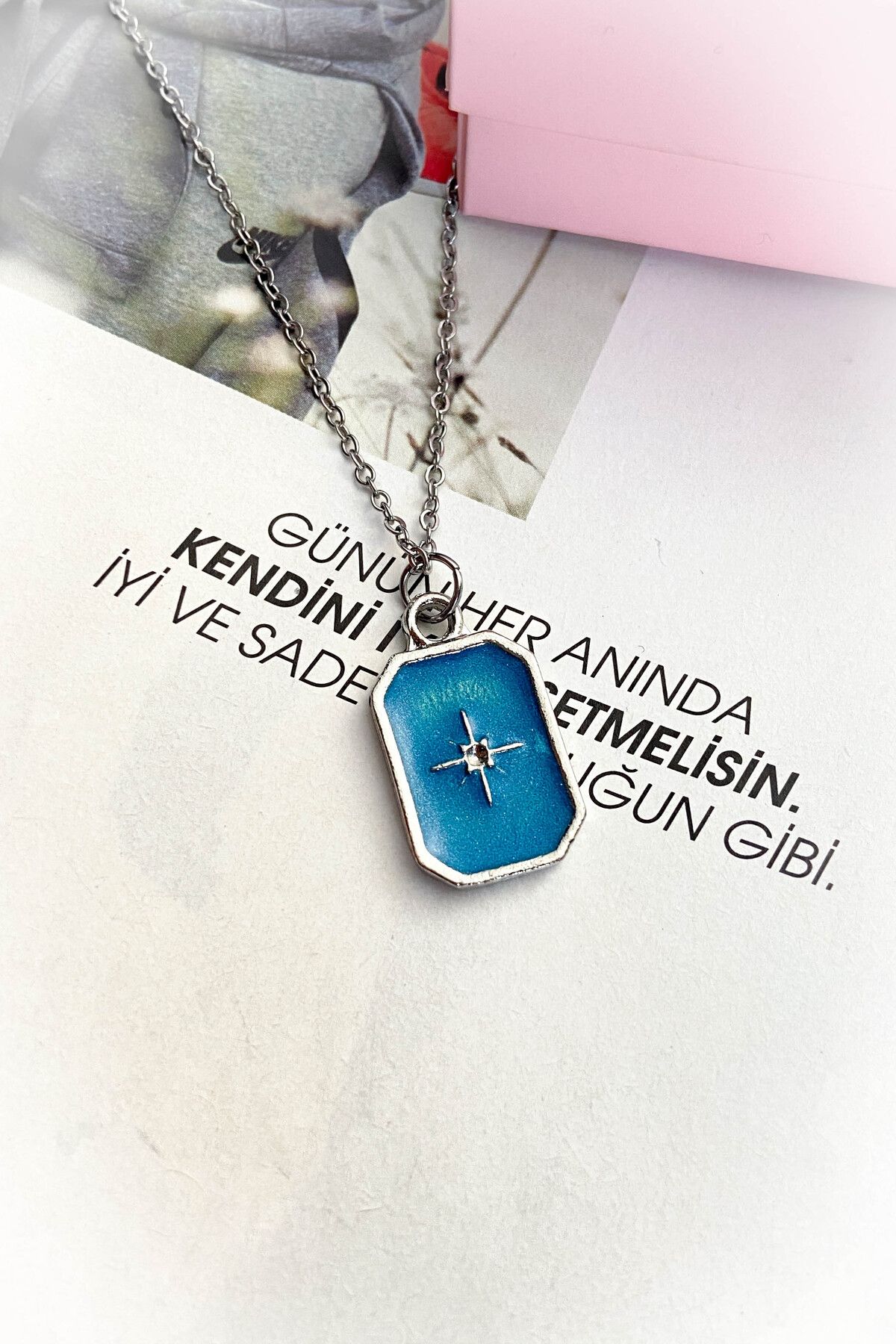 roshel Çelik Gümüş Renk Mavi Mineli İnce Zincir Çelik Kolye