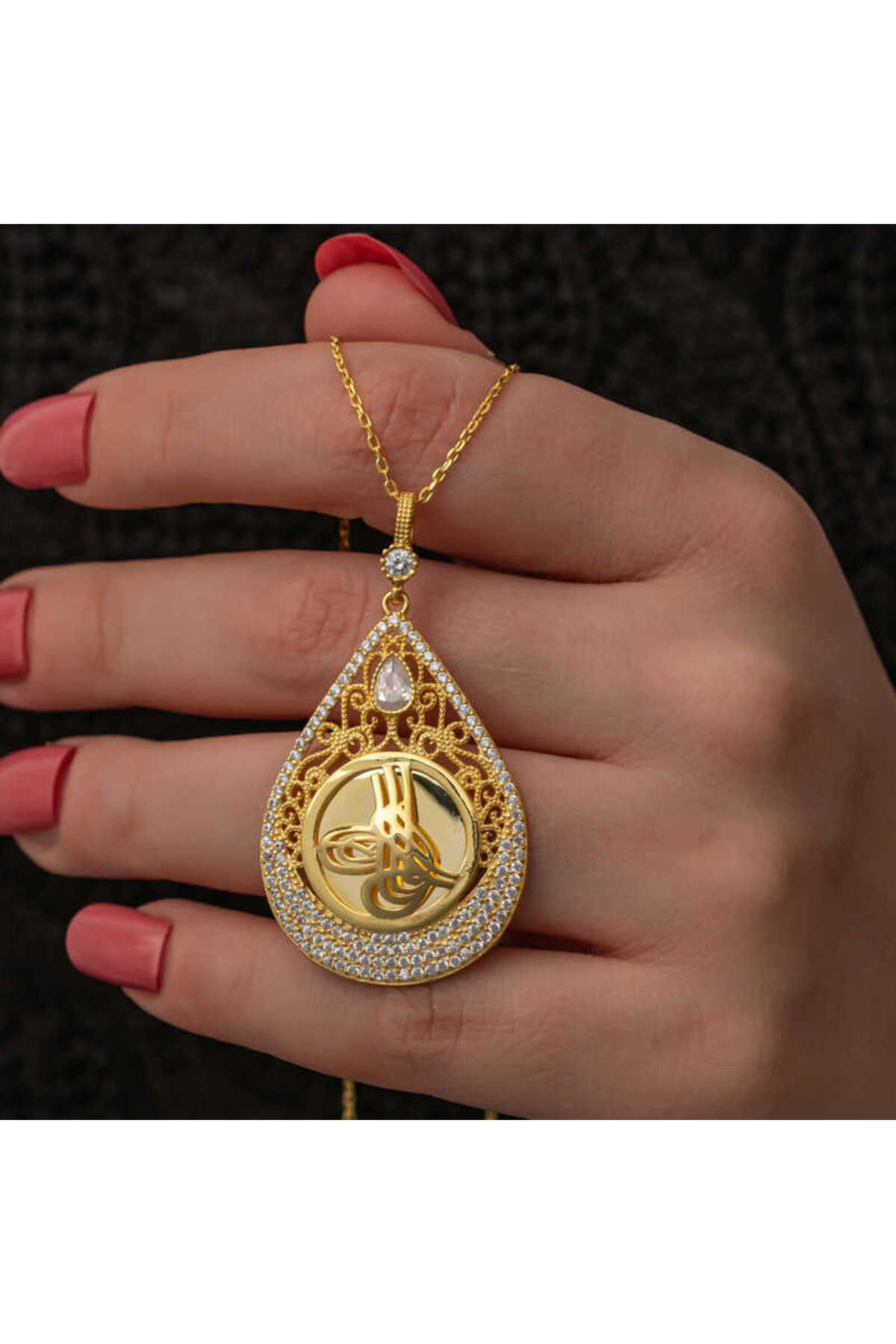 Tradivent Gümüş Gold Kaplama Damla Tuğralı Kadın Kolye
