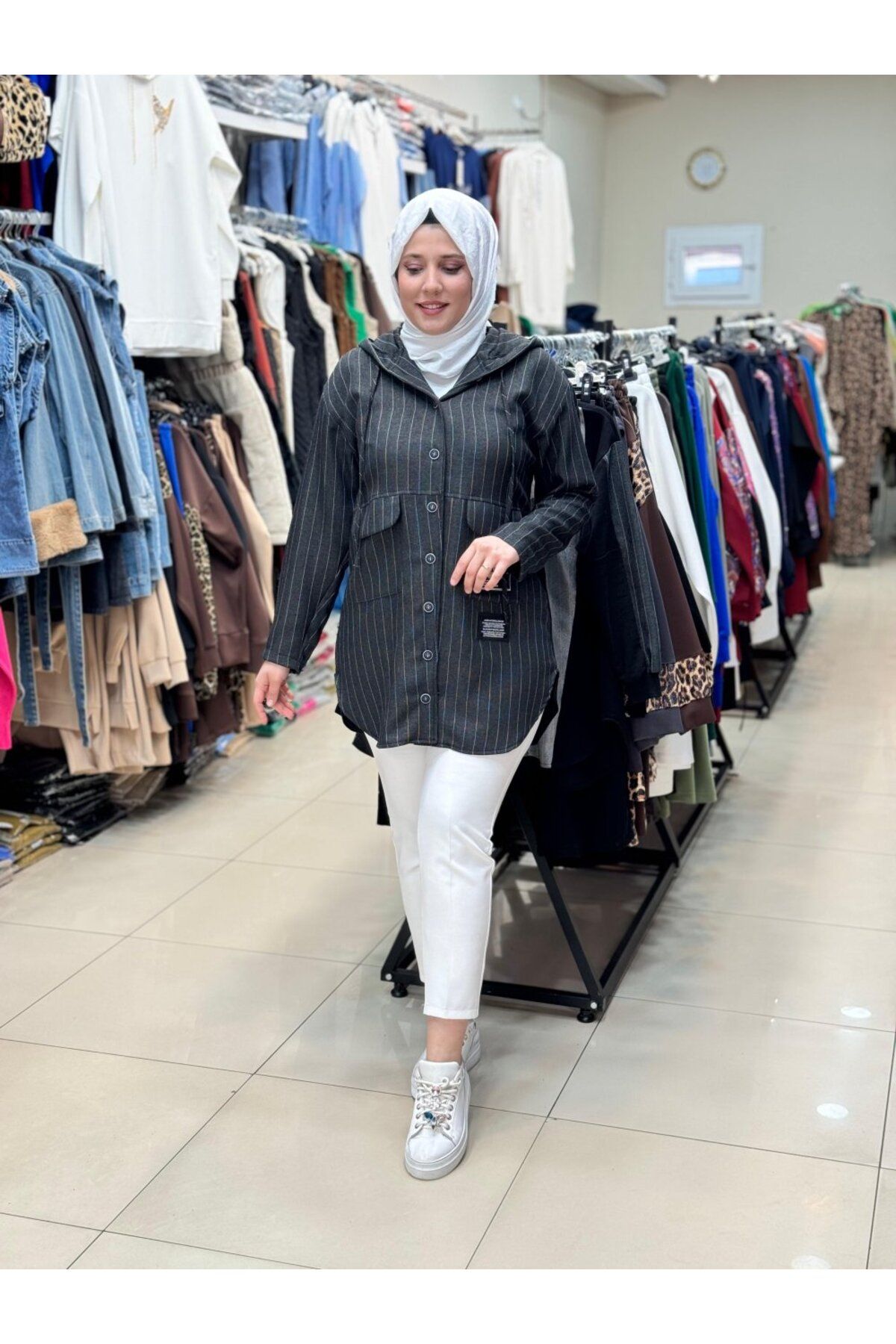 Puane Kadın Çizgili Kapüşonlu Oversize Ceket – Antrasit