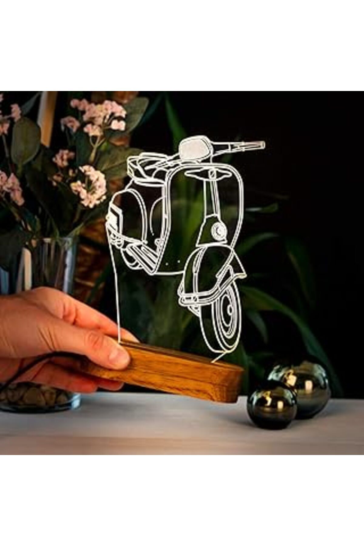Mu Art Ahşap Klasik Scooter Motosiklet 3D Led Masa Lambası - Usb Bağlantılı Sarı Işık
