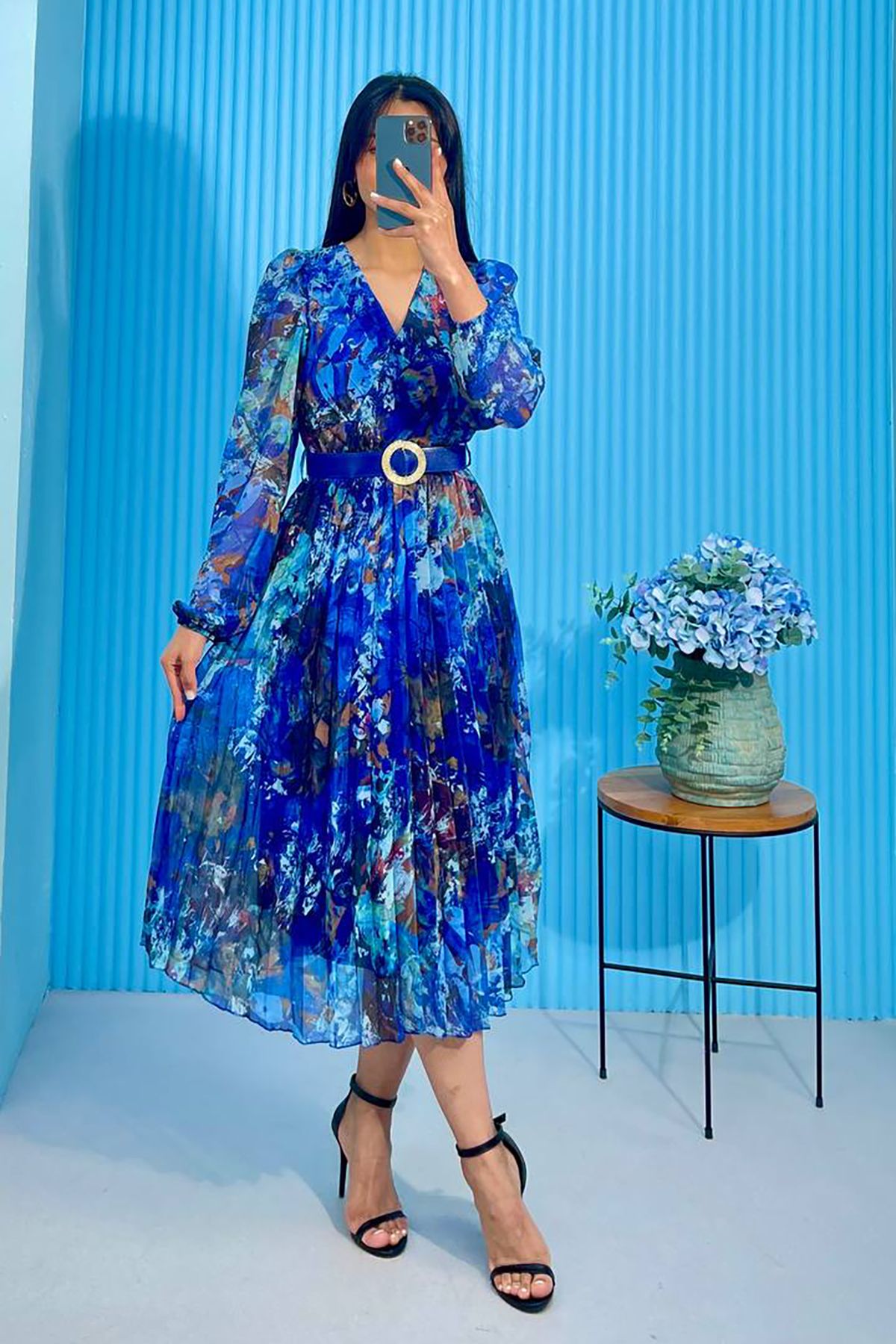 XXL BUTİK XXL Butik kadın piliseli kruvaze yaka şifon elbise X-NBMY3286