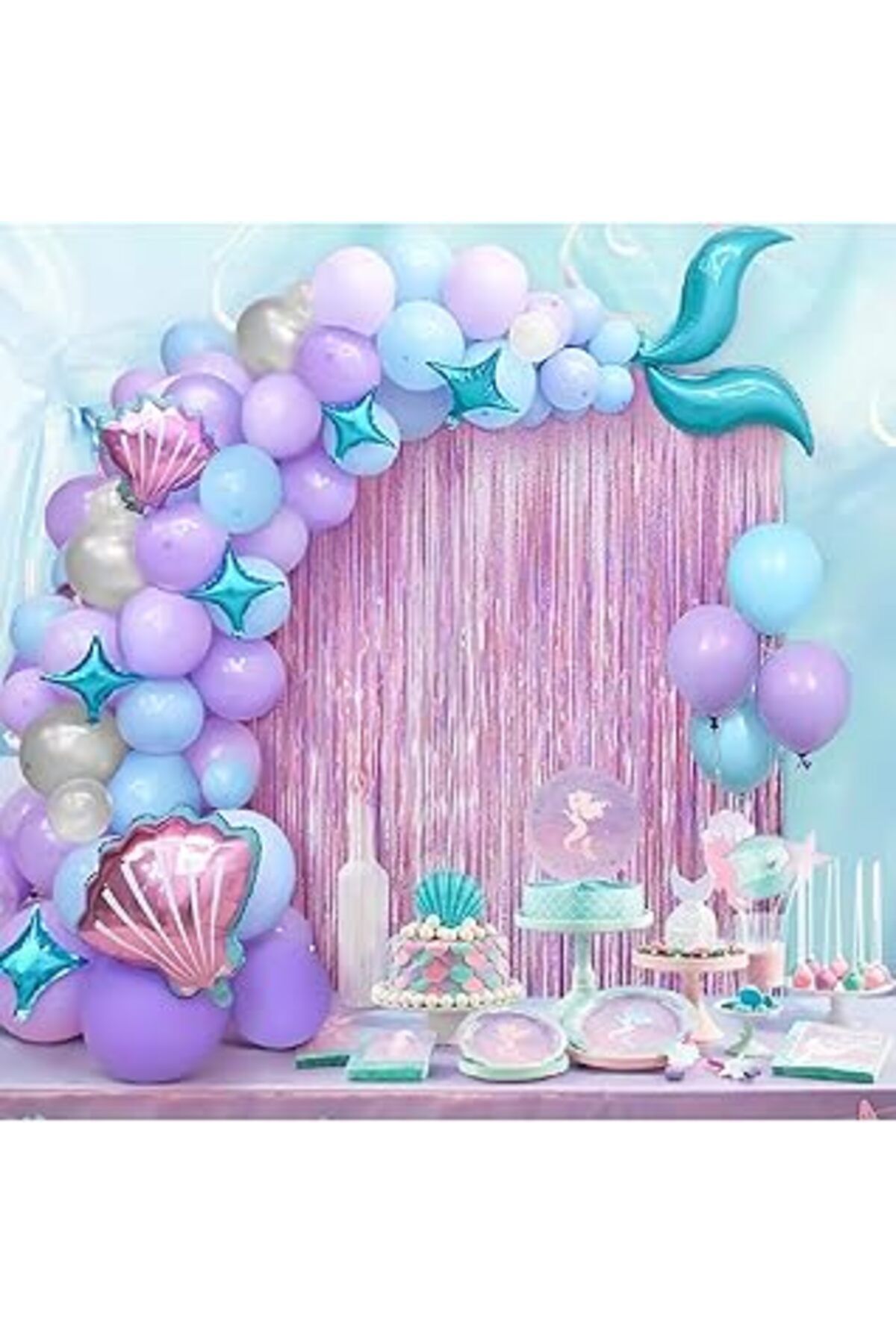 karadağsb Bkmc Kız Çocuklar Için Deniz Kızı Balon Mavi Mor Balonlar Folyo Saçak Perde Seti Doğum Günü Parti S