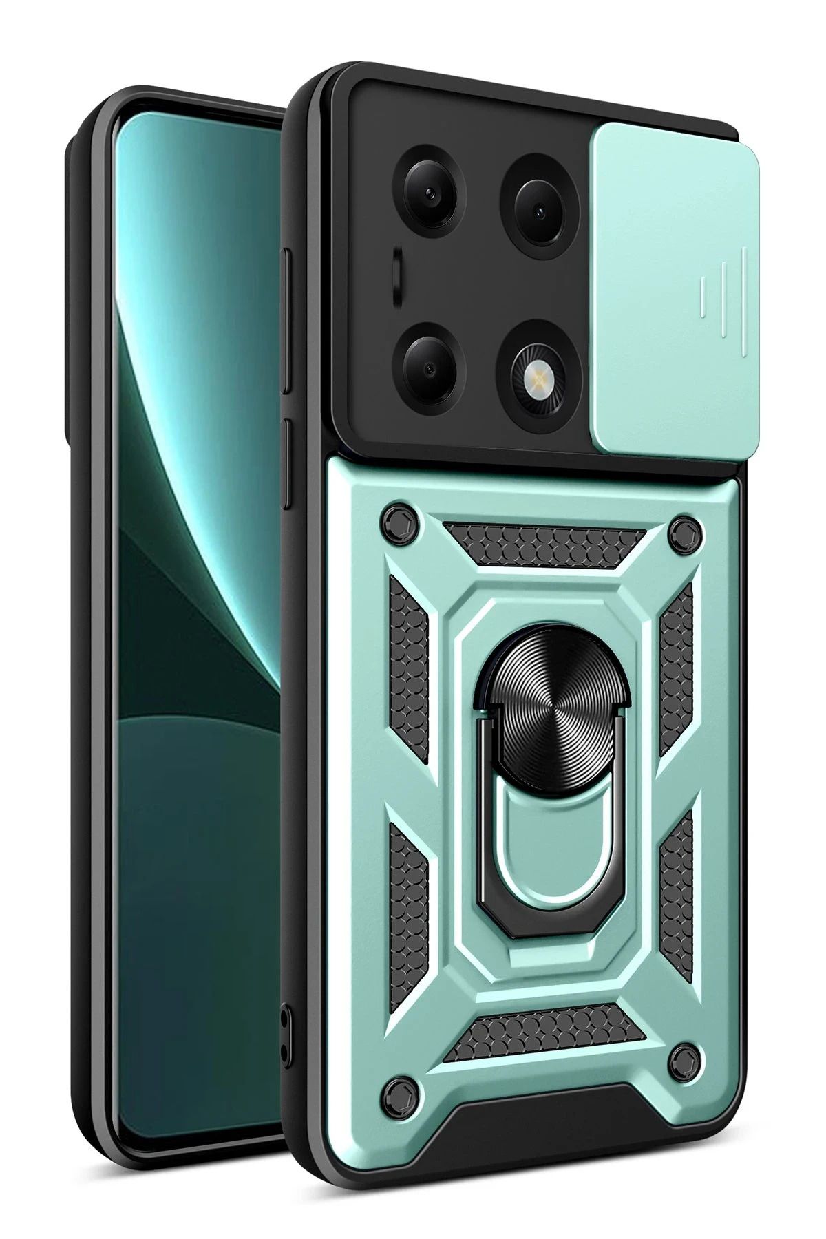 NewFace Xiaomi Poco M6 Pro 4G Kılıf Pars Lens Yüzüklü Silikon - Yeşil FERRG