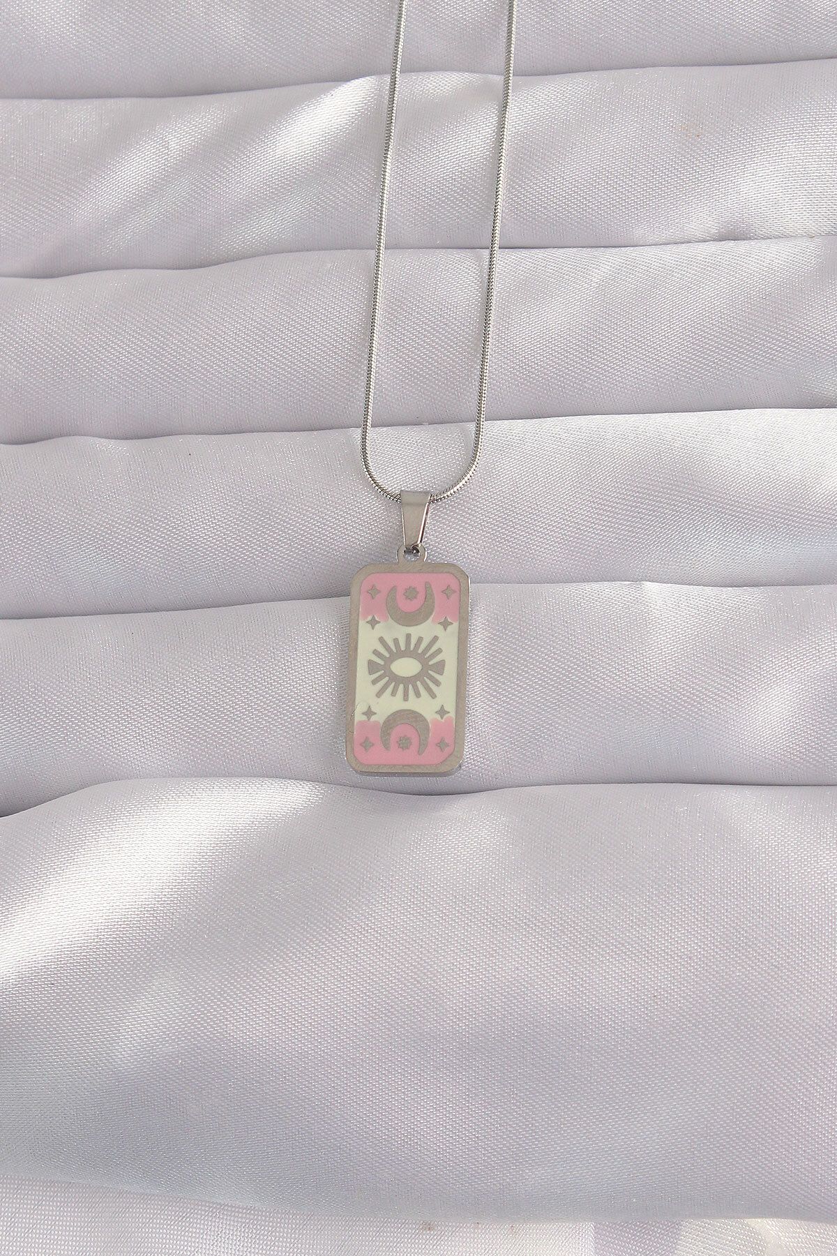 MMB Boutique 316L Çelik Gümüş Renk Pembe Mineli Ay Figür Tarot Kolye