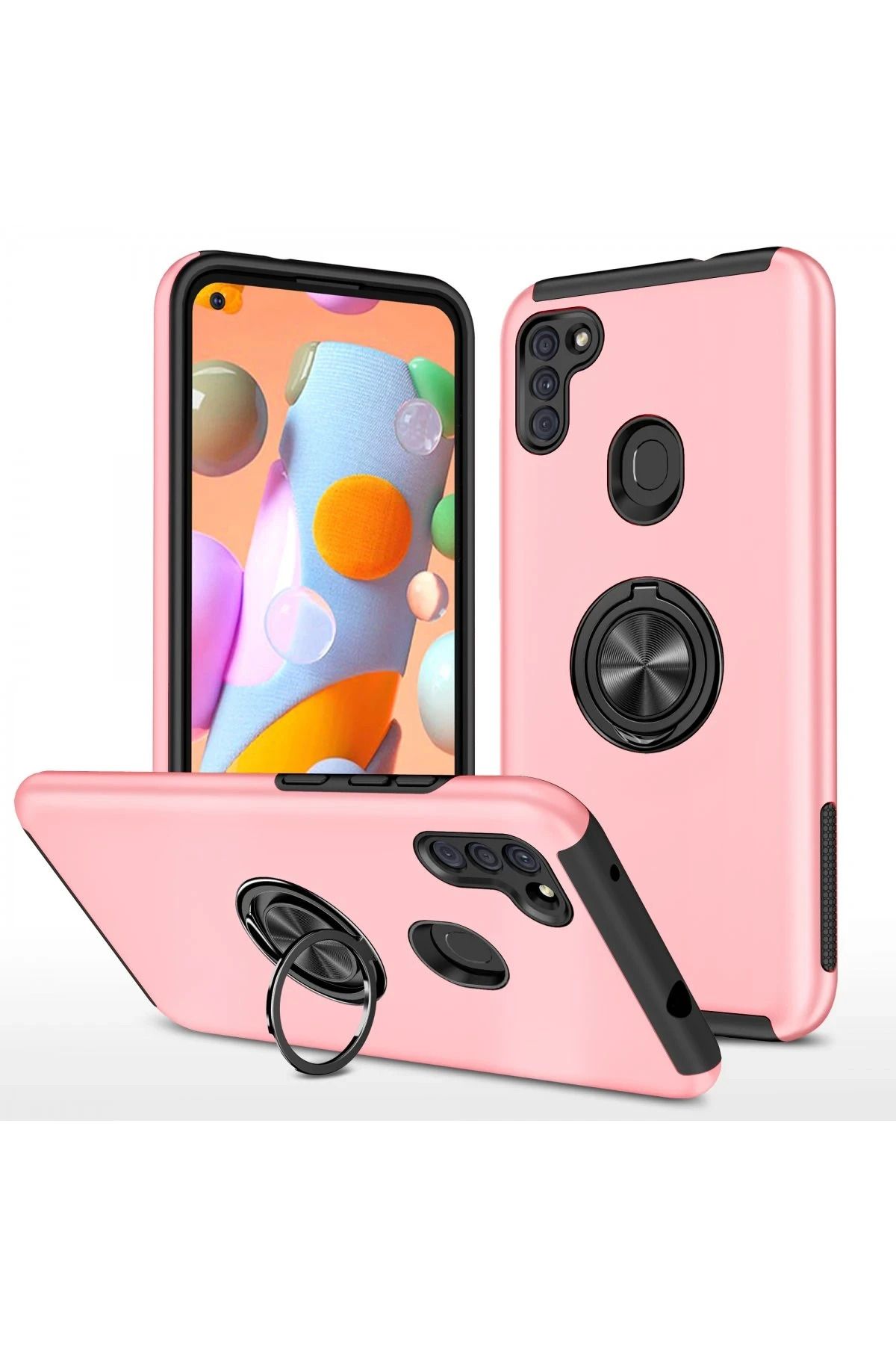 NewFace Samsung Galaxy A11 Kılıf Elit Yüzüklü Kapak - Pembe HNZRN