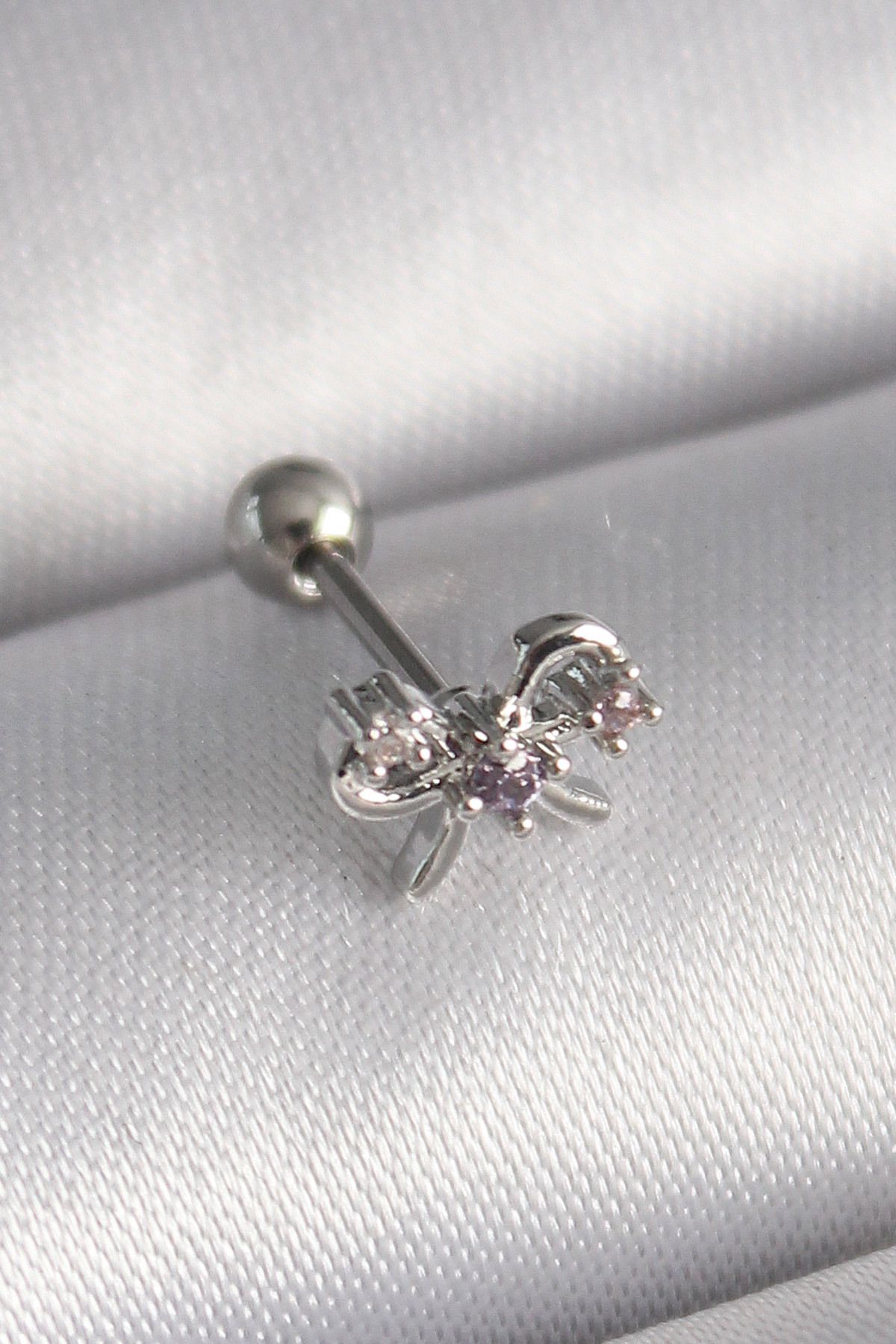 robotrend 316L Çelik Gümüş Renk Zirkon Taşlı Kurdele Tragus Piercing