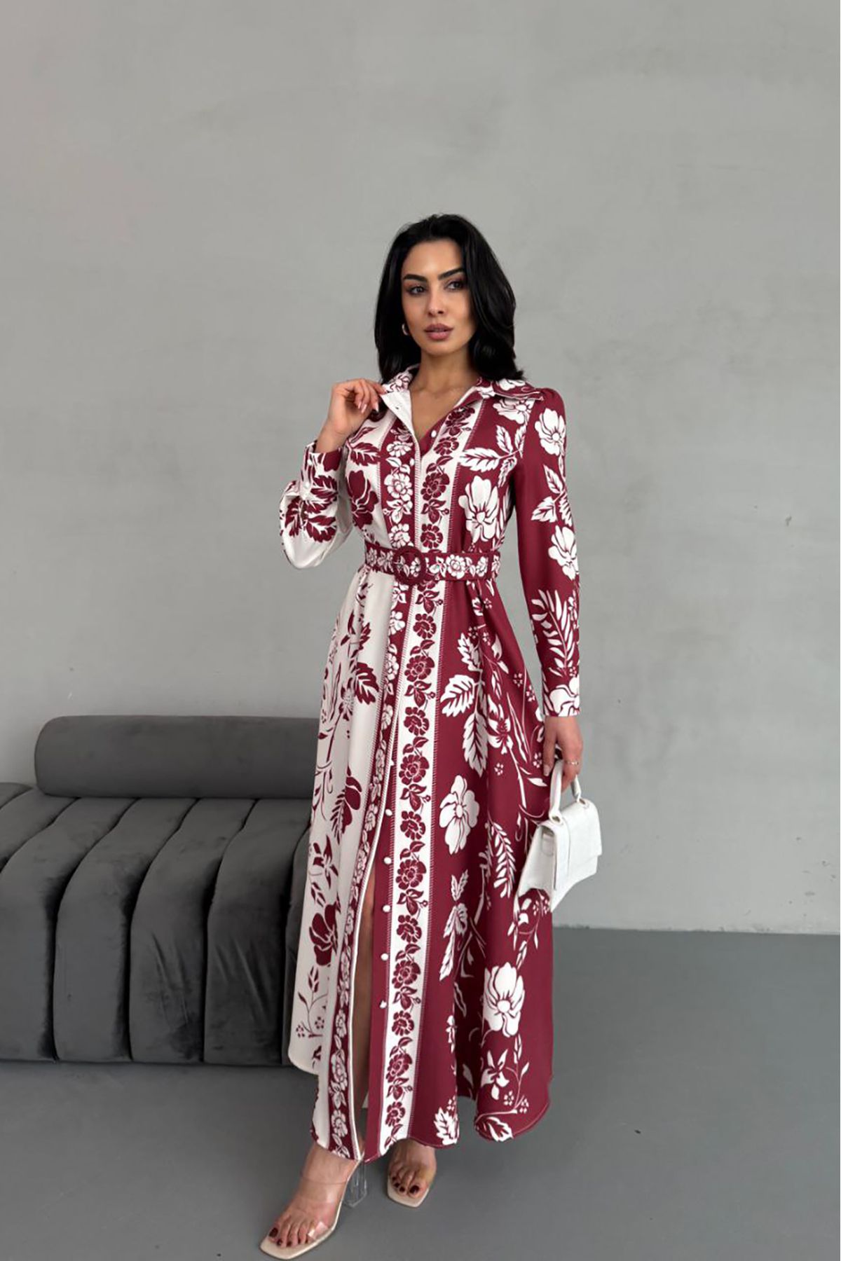 XXL BUTİK XXL Butik kadın kemerli gömlek yaka uzun desenli X-NBMS25013