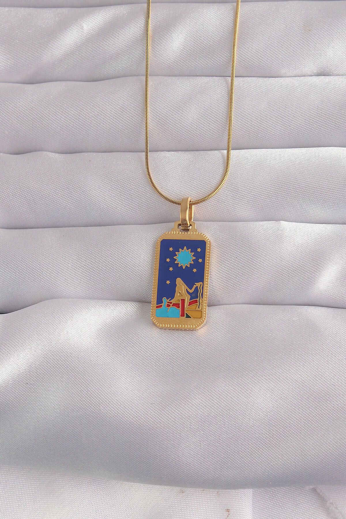 NEX 316L Çelik Özel Seri Gold Renk Mavi Mineli Kız Figür Tarot Kolye