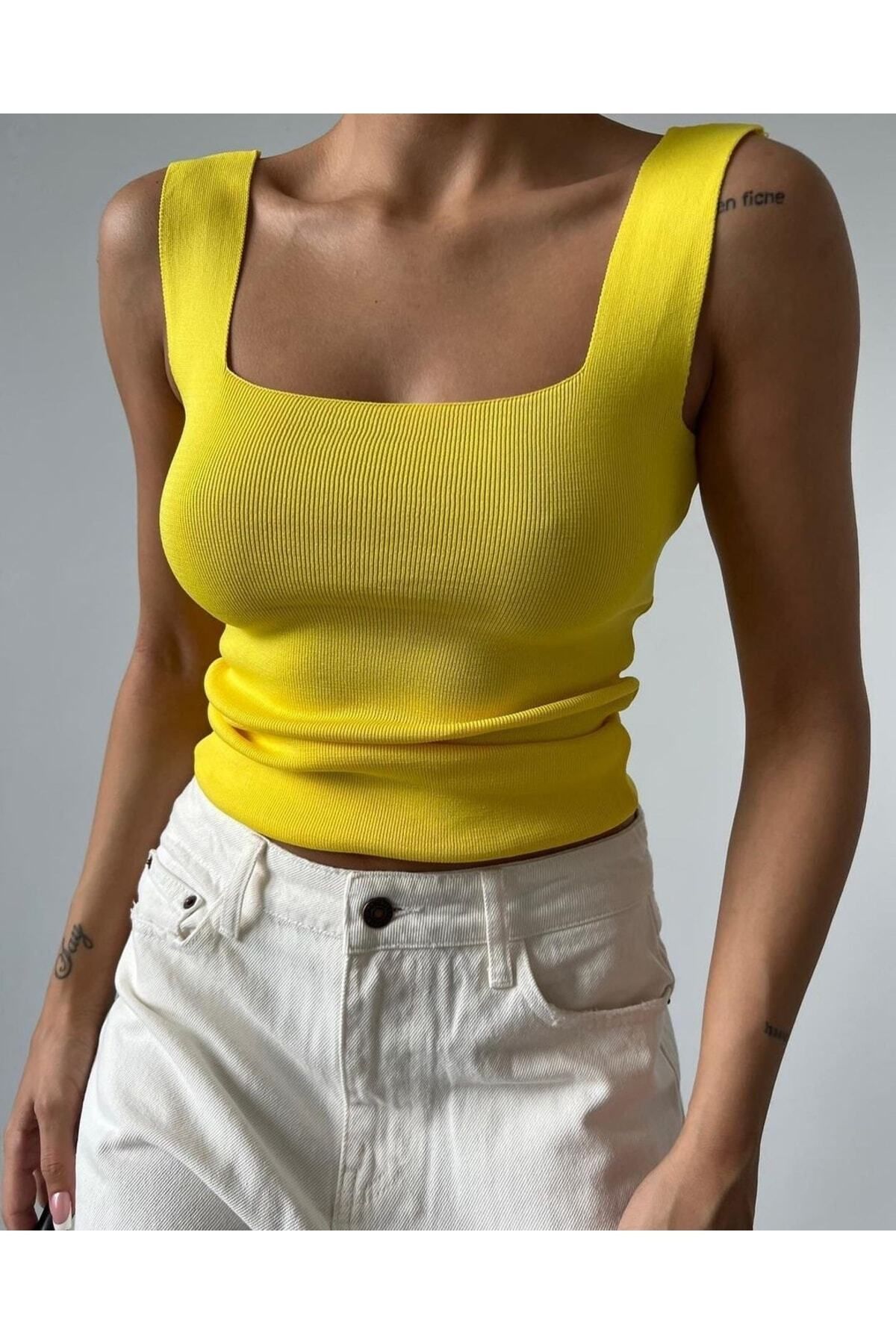 meday Clothing Kadın Kare Yaka Kalın Askılı Triko Bluz