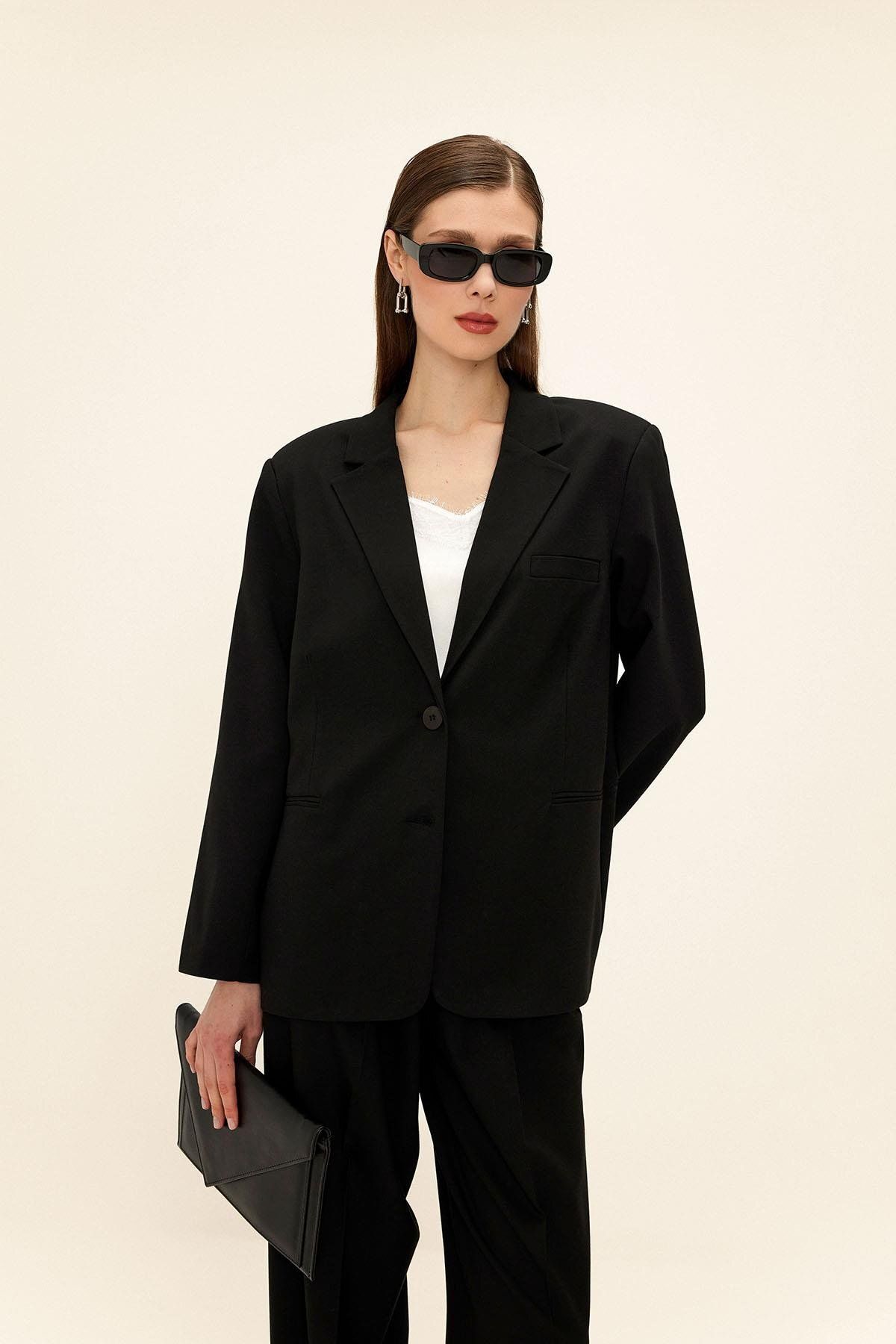 Olcay Mono Yaka Oversize Blazer Ceket SİYAH 8262