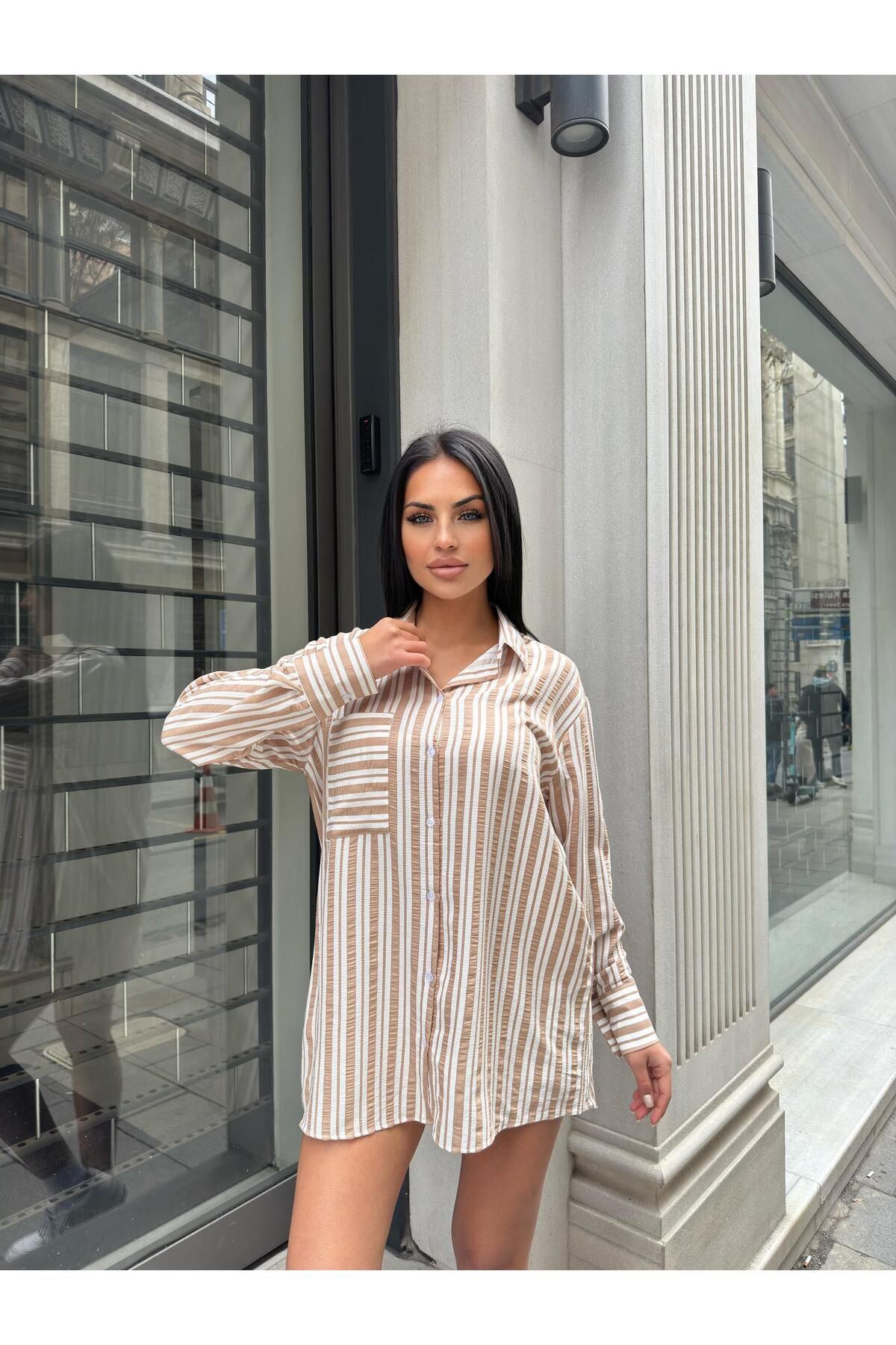 E-RICH Tek Cep Çizgili Gofre Keten Gömlek