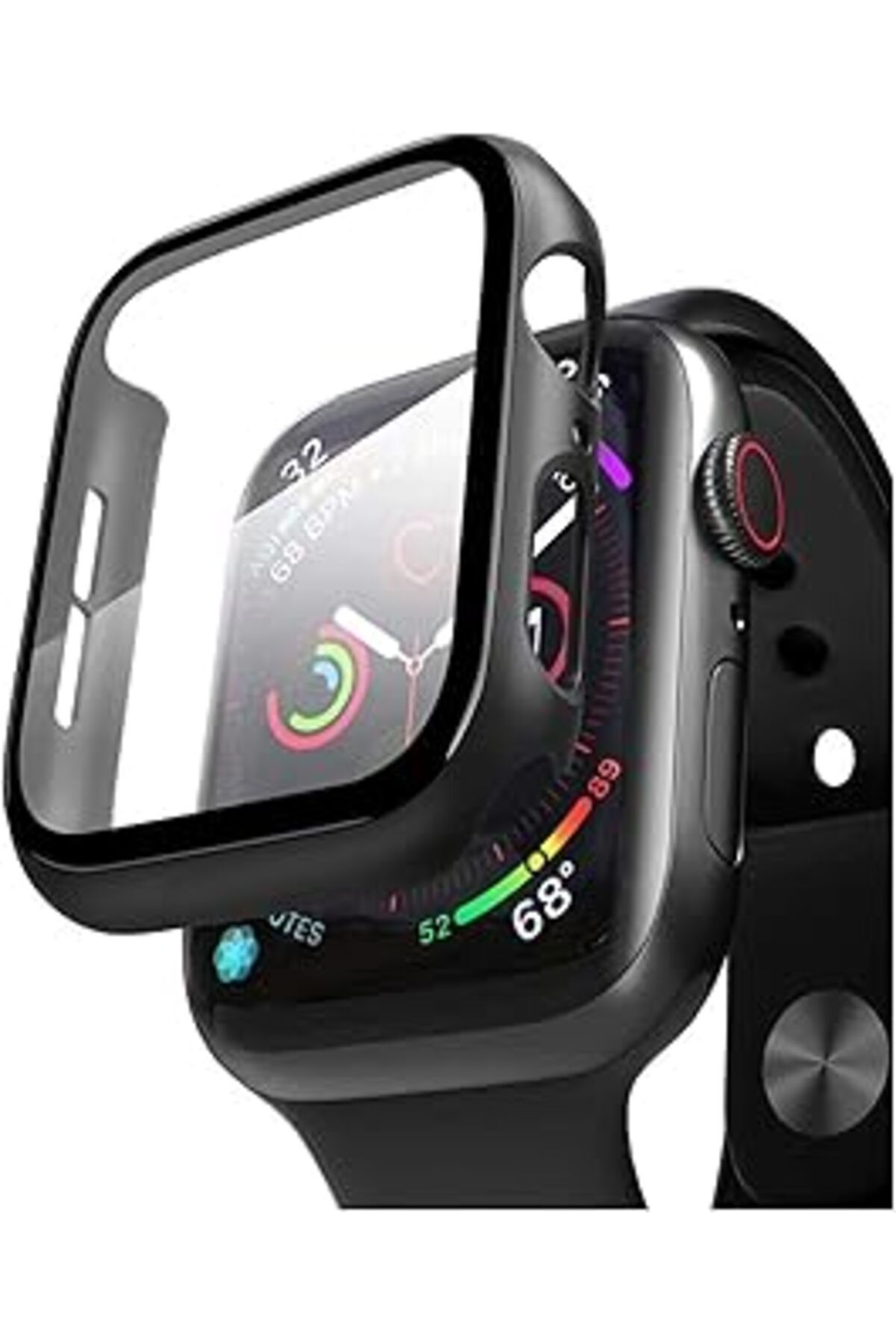 Mu Art Ahşap Çerçeve Kılıf Komple Önü Kapatan Mika Ekran Kırılmaz Cam Korumalı Siyah Watch Seri 7 45Mm Ile Uyuml