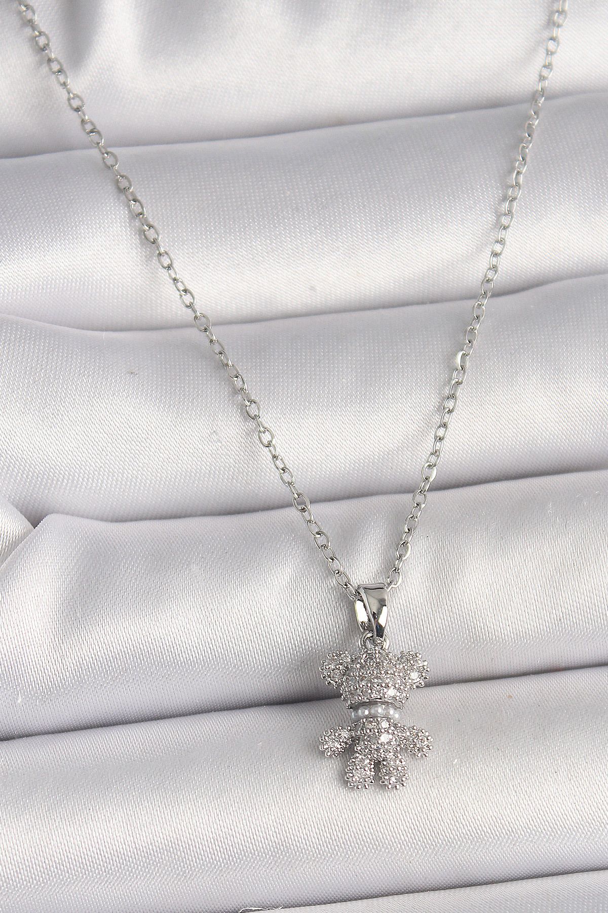MMB Boutique 316L Çelik Gümüş Renk Zincir Zirkon Taşlı Ayıcık Figür Kadın Kolye