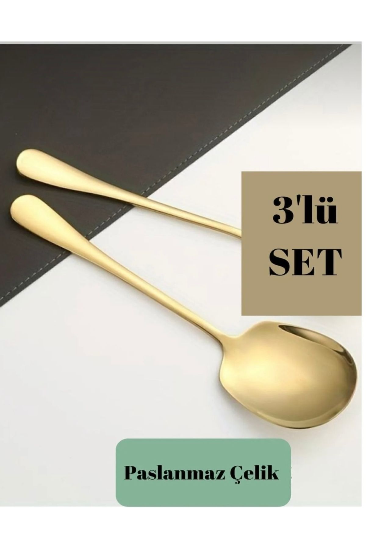 Pembelia Life 3 Adet Gold Paslanmaz Çelik Servis Kaşık 21 Cm Sunum Kaşığı