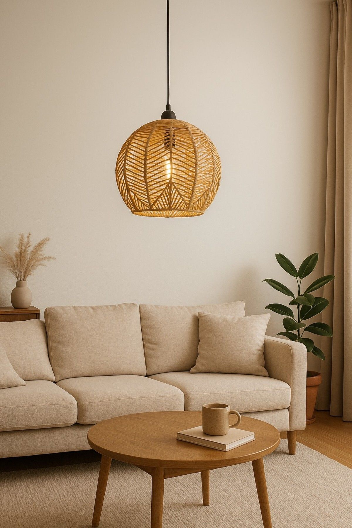 oceanpoint Doğal Rattan Örgü Avize, El Yapımı, Dekoratif, Yuvarlak Tavan Aydınlatma, İskandinav Lamba, 30 cm