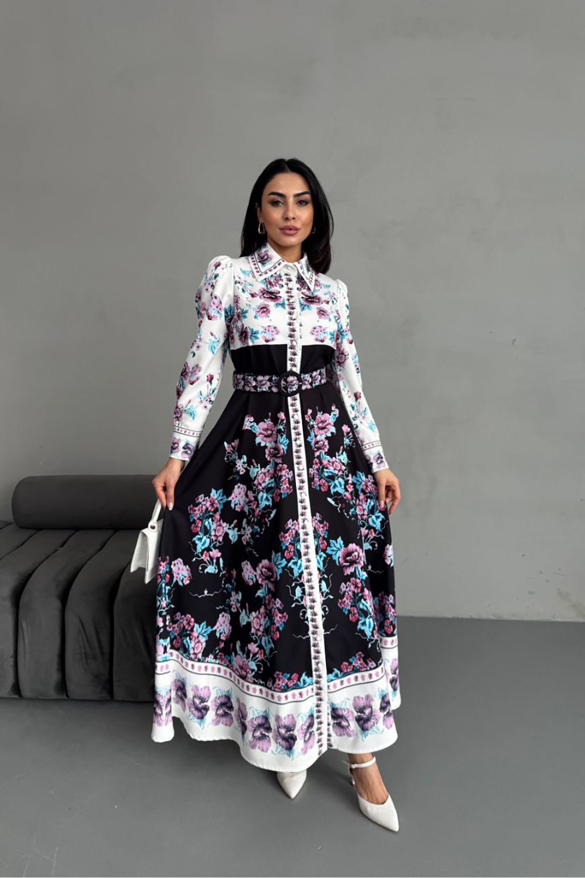 XXL BUTİK XXL Butik kadın düğme detaylı maxi boy desenli elbise X-NBMS25017