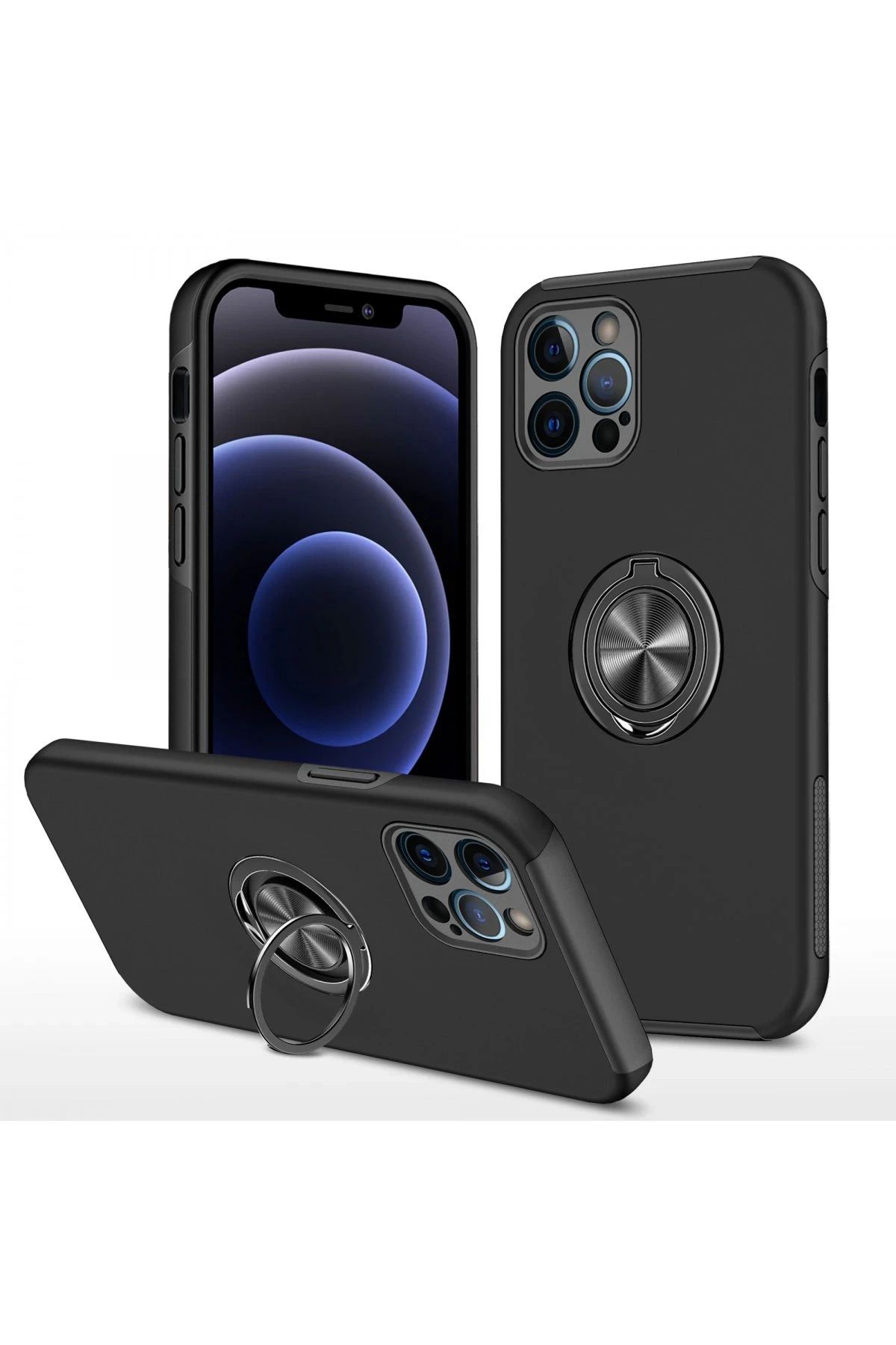 NewFace iPhone 12 Pro Max Kılıf Elit Yüzüklü Kapak - Siyah BSTMY