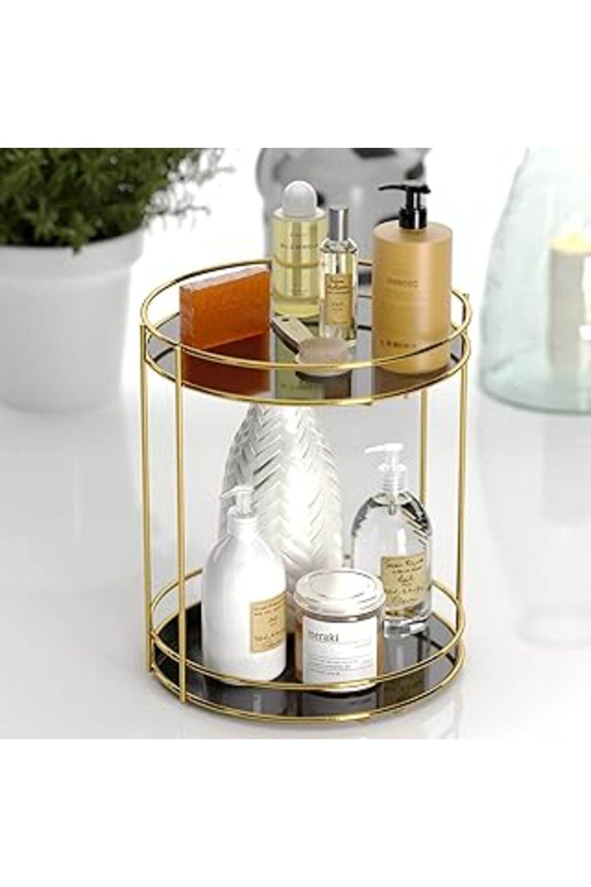 karadağsb Tekno-Tel 2 Katlı Dekoratif Takı Aksesuar Kozmetik Standı Gold Eg213