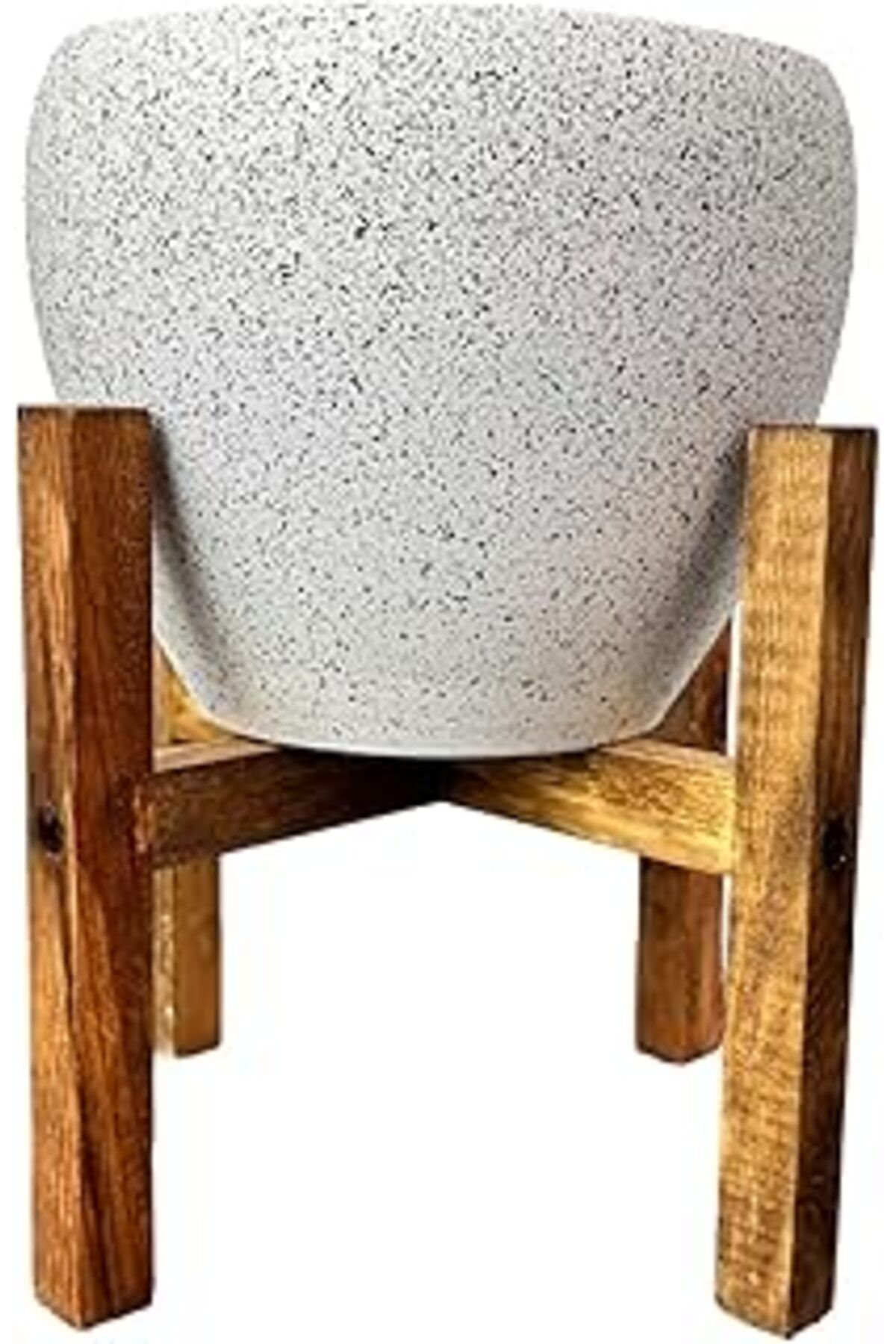 Mu Art Ahşap Bitki Tasarımı Ev Dekorasyon Beyaz Granit Toprak Saksı Saksılık Salon Çiçeklik 4 Ayaklı - 15 Cm