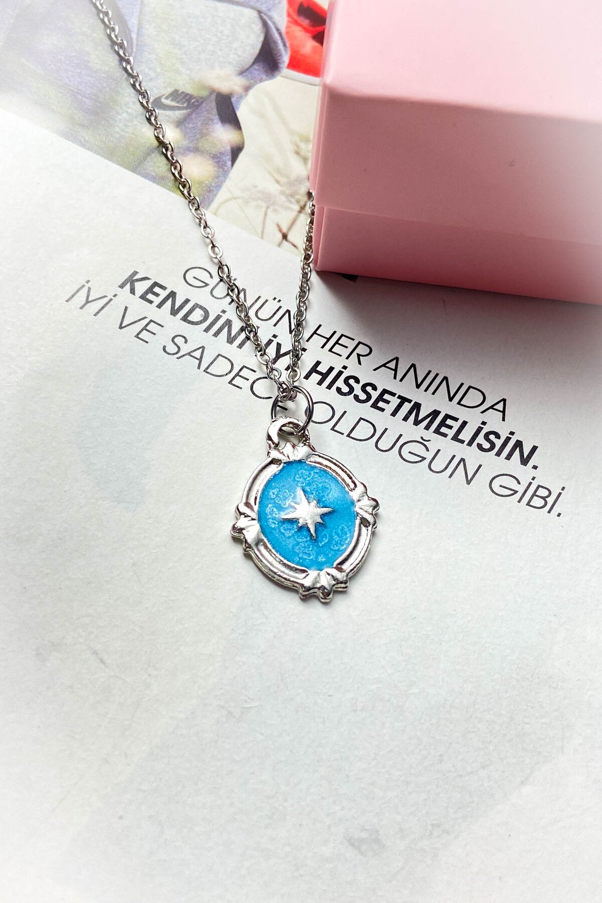 roshel Çelik Gümüş Renk Mavi Mineli İnce Zincir Çelik Kolye