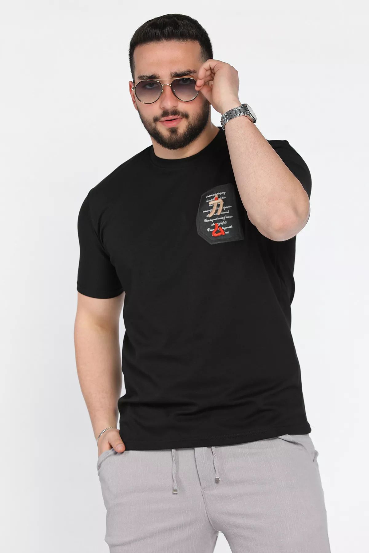MİSHAR İTALİA Siyah Bisiklet Yaka Yazı Baskılı Erkek Tişört