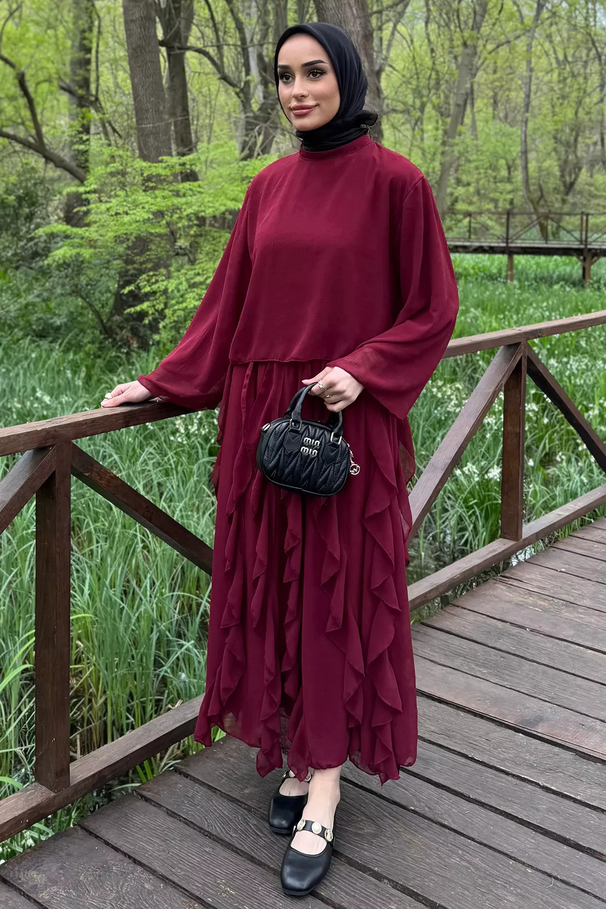 julude-Set de două piese bluză cu fustă din șifon, căptușită cu volane, roșu claret 6