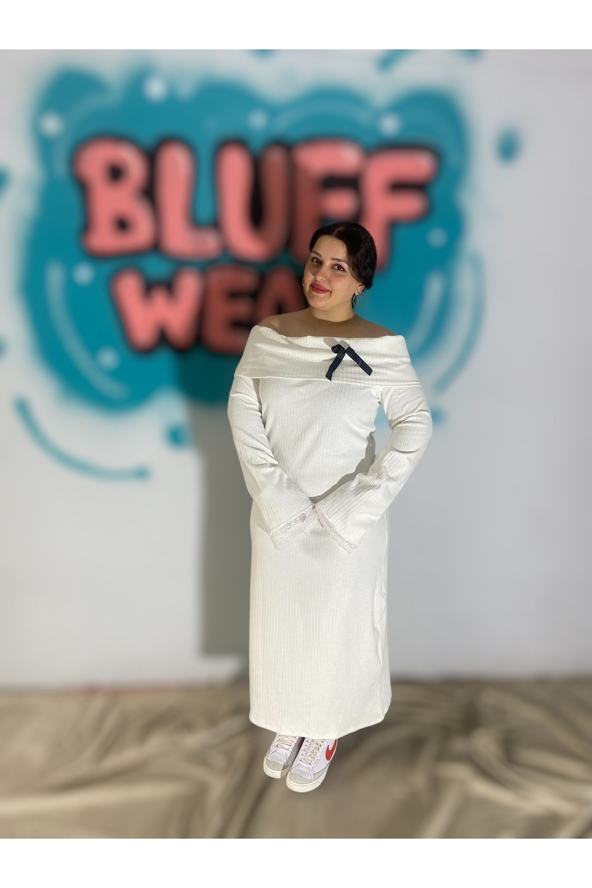 Bluff Beyaz Uzun Triko Büyük Beden Elbise