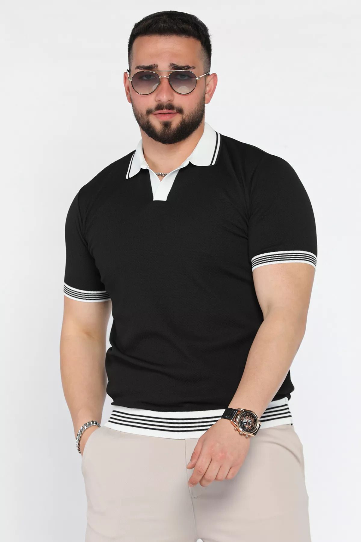 MİSHAR İTALİA Siyah Erkek Polo Yaka Desenli Triko Tişört