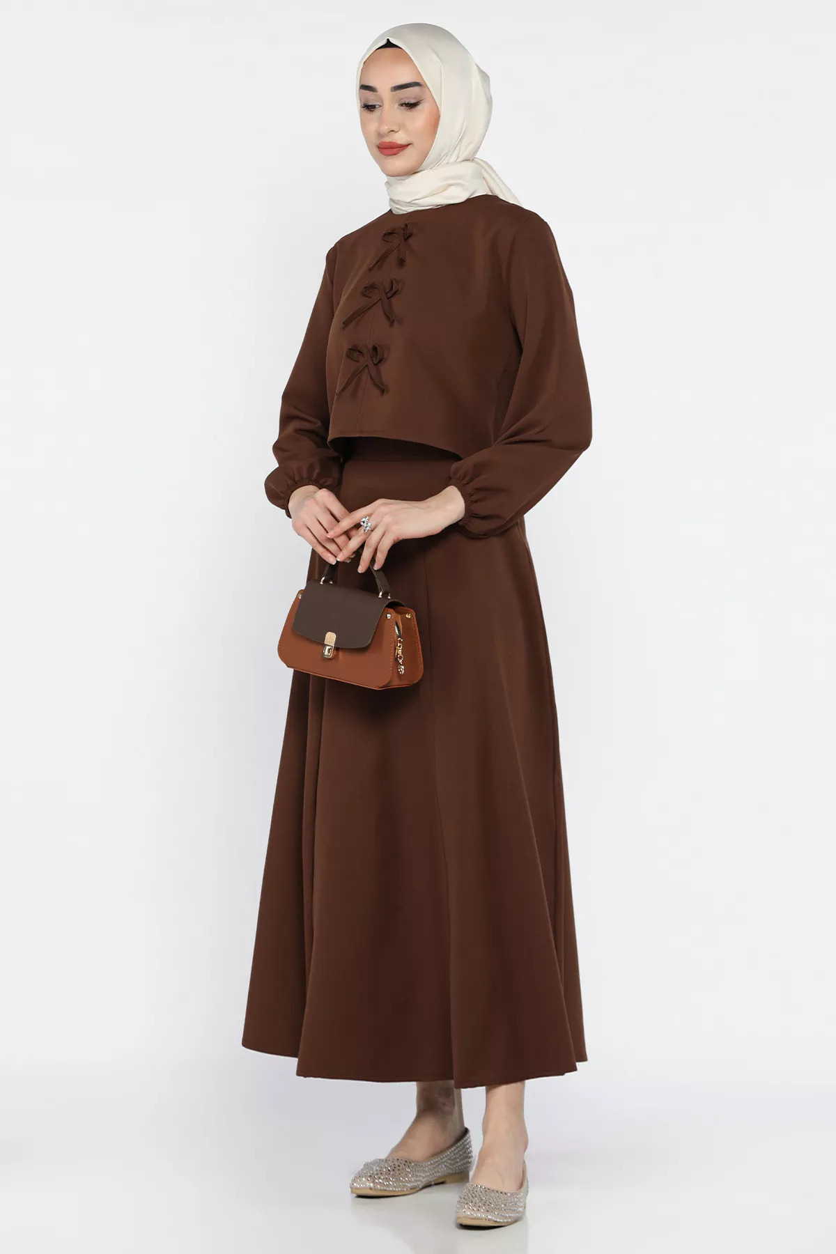 julude-Brown Bow Blouse Skirt Hijab Double Set 2