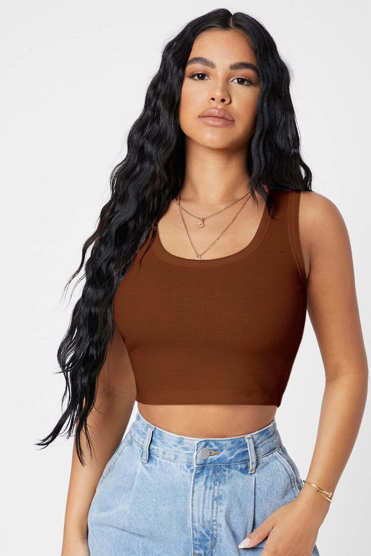 Ethab Ticaret Kadın Kahverengi Kare Yaka Crop Top Bluz