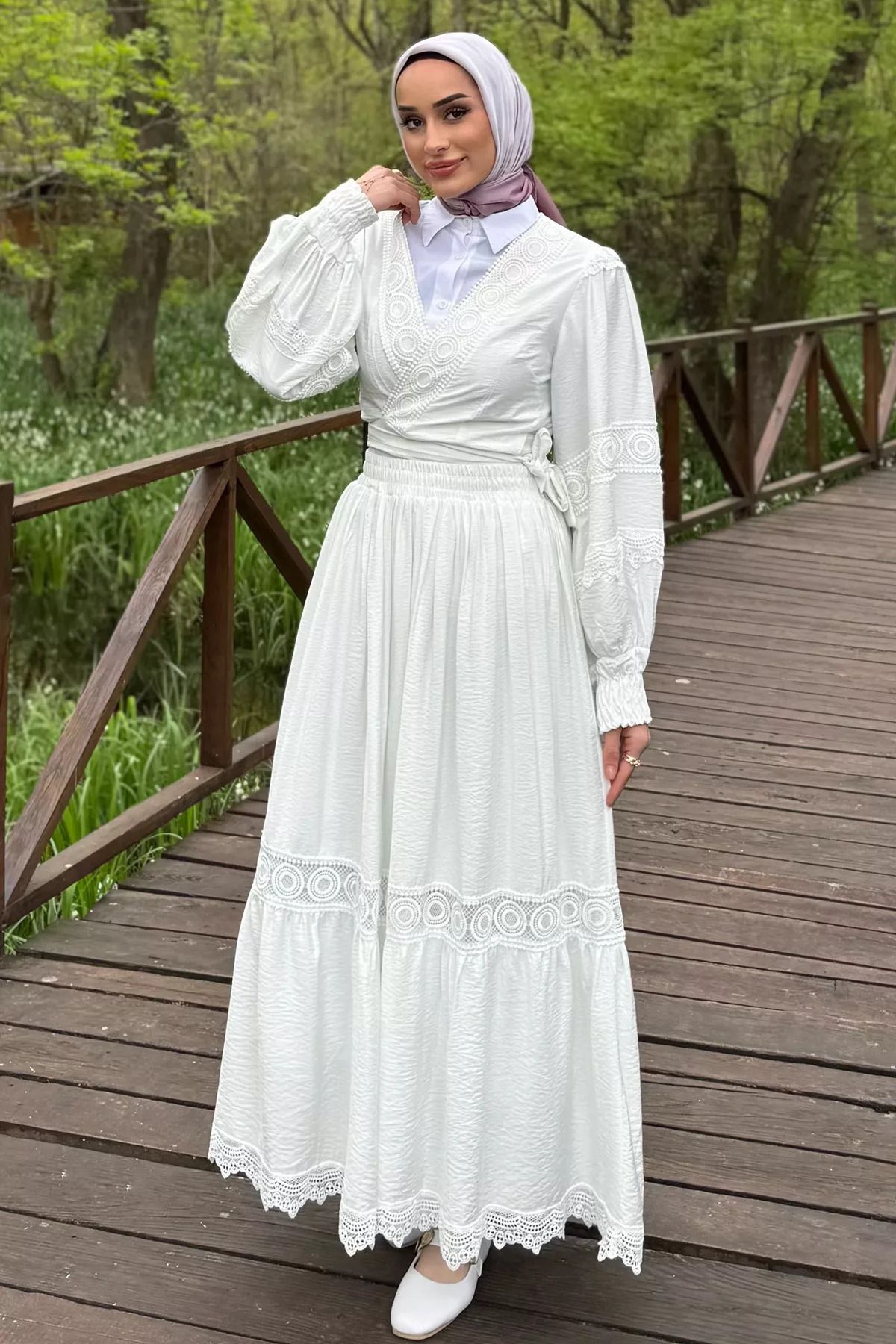 julude Beyaz Fistolu Bel Bağlamalı Gömlek Etek Tesettür İkili Takım (s-m-l Uygundur)