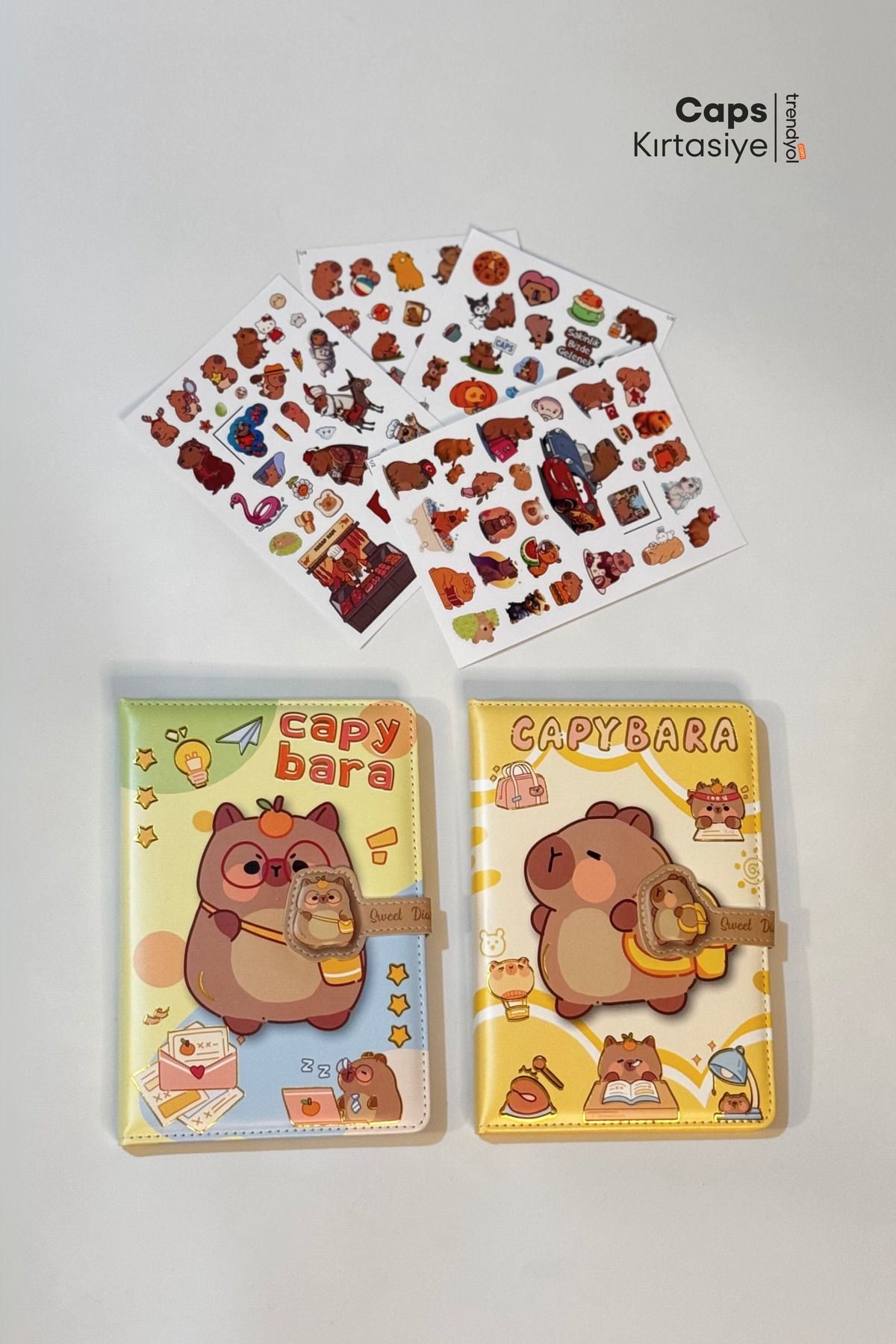 caps office Capybara (Kapibara) Temalı A5 Kilitli 160 Sayfa Defter & 4 Sayfa Yerli Çıkartma Kırtasiye Seti