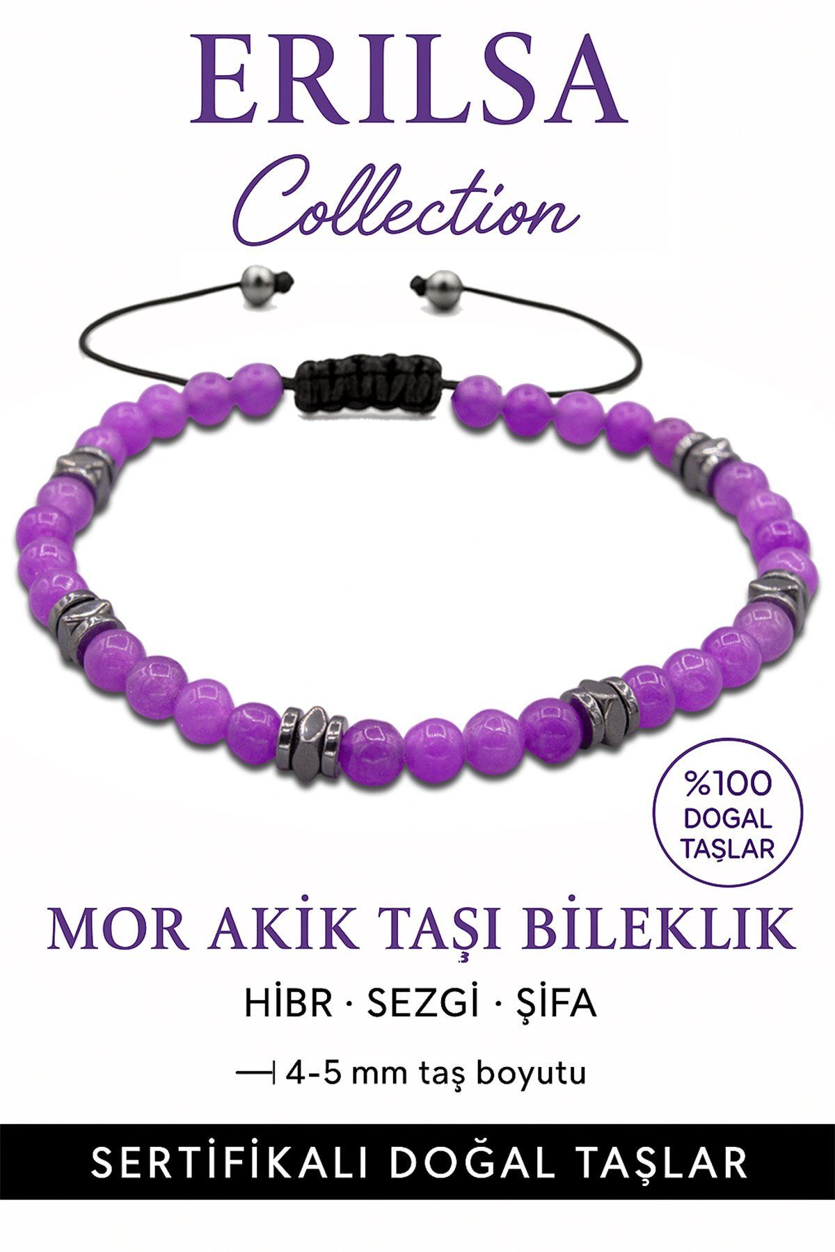 Erilsa Sertifikalı Terahertz - Mor Akik Taşı Bileklik - İnce Model İç Huzur ve Konsantrasyon