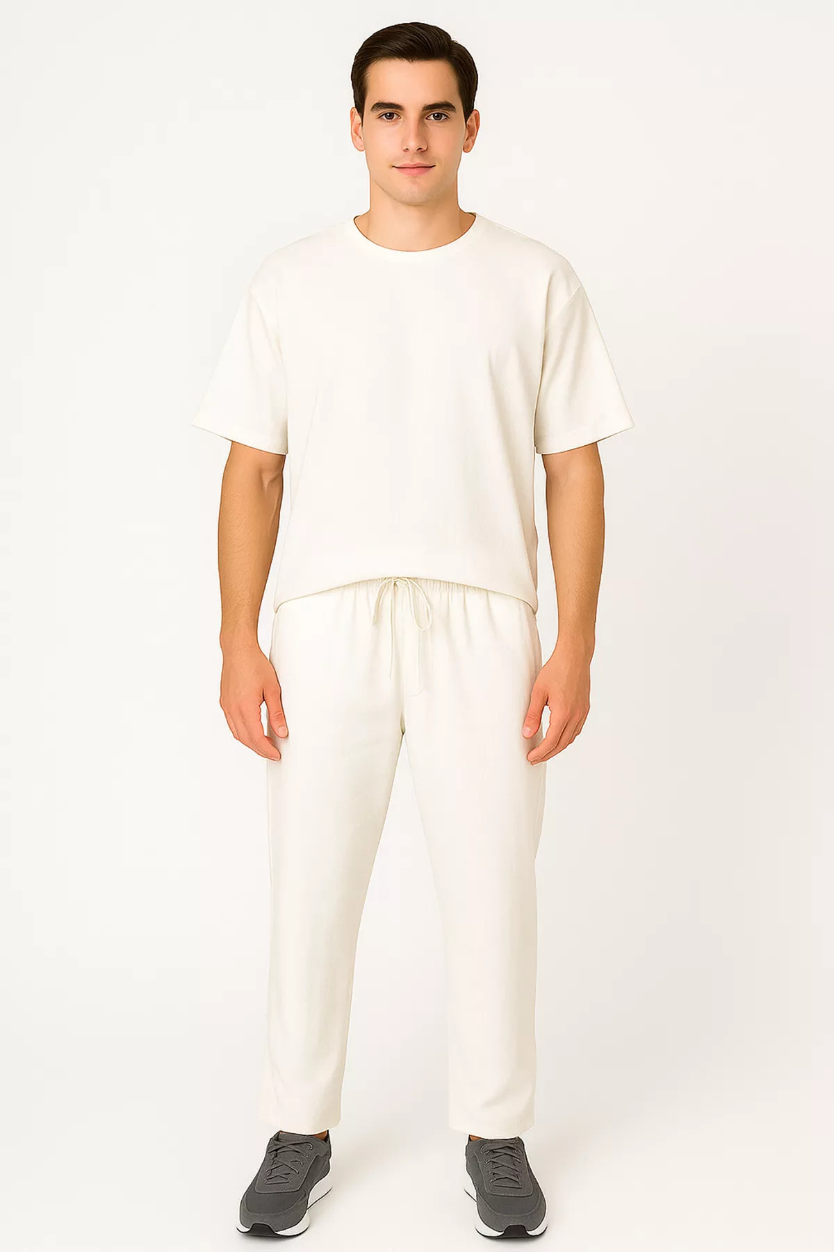 MİSHAR İTALİA-Ecru Men's Elastic Waist Trousers Oversize T-Shirt Double Set 1