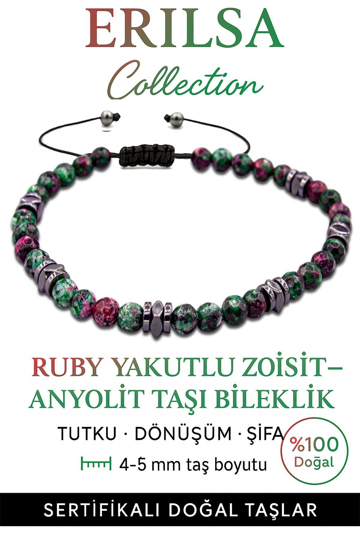 Erilsa Sertifikalı Fasetli Terahertz – Ruby Zoisite (Anyolit) Taşı Bileklik (İnce Model) – Tutku, Denge ve