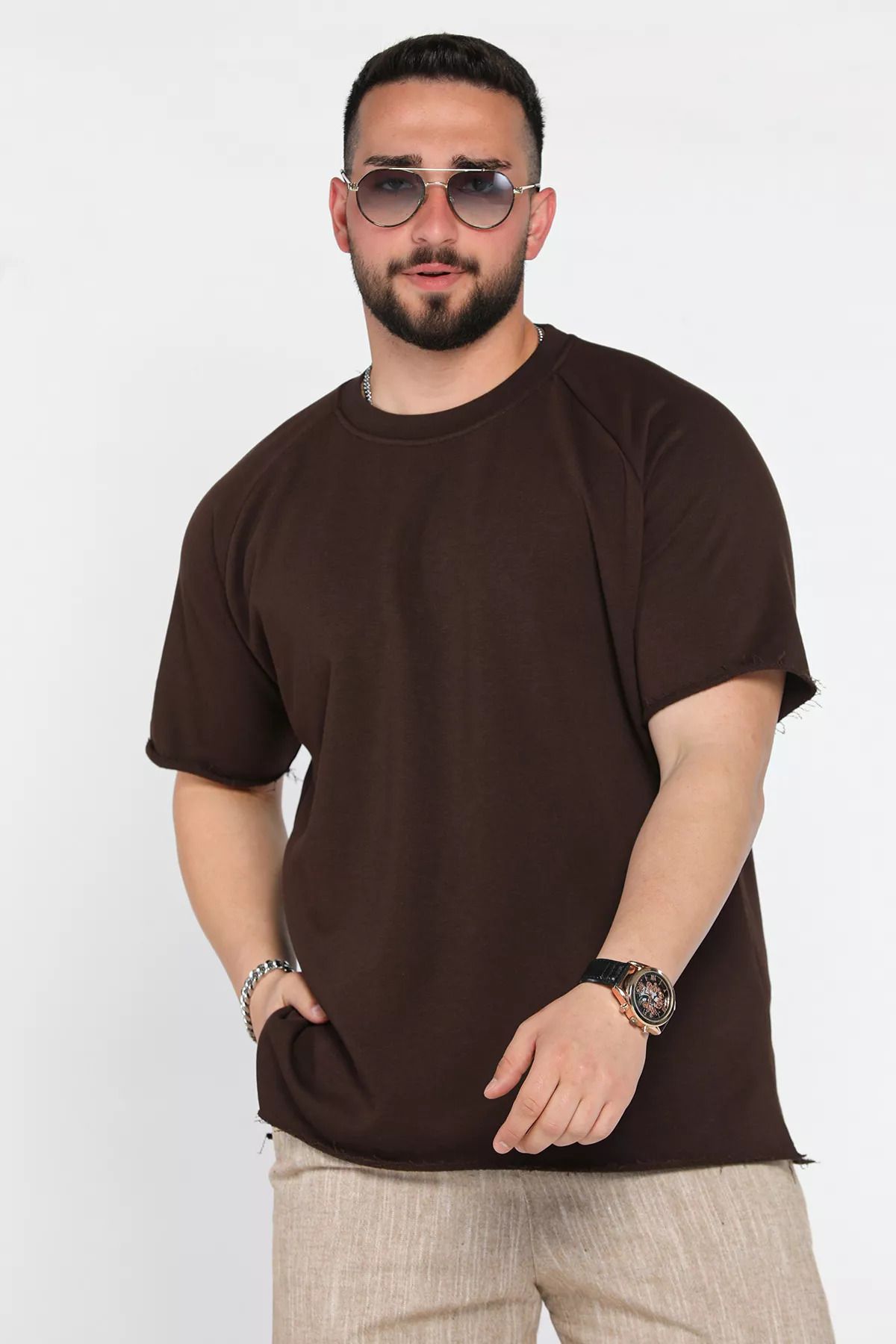 MİSHAR İTALİA Kahve Bisiklet Yaka Erkek Oversize Basic Tişört
