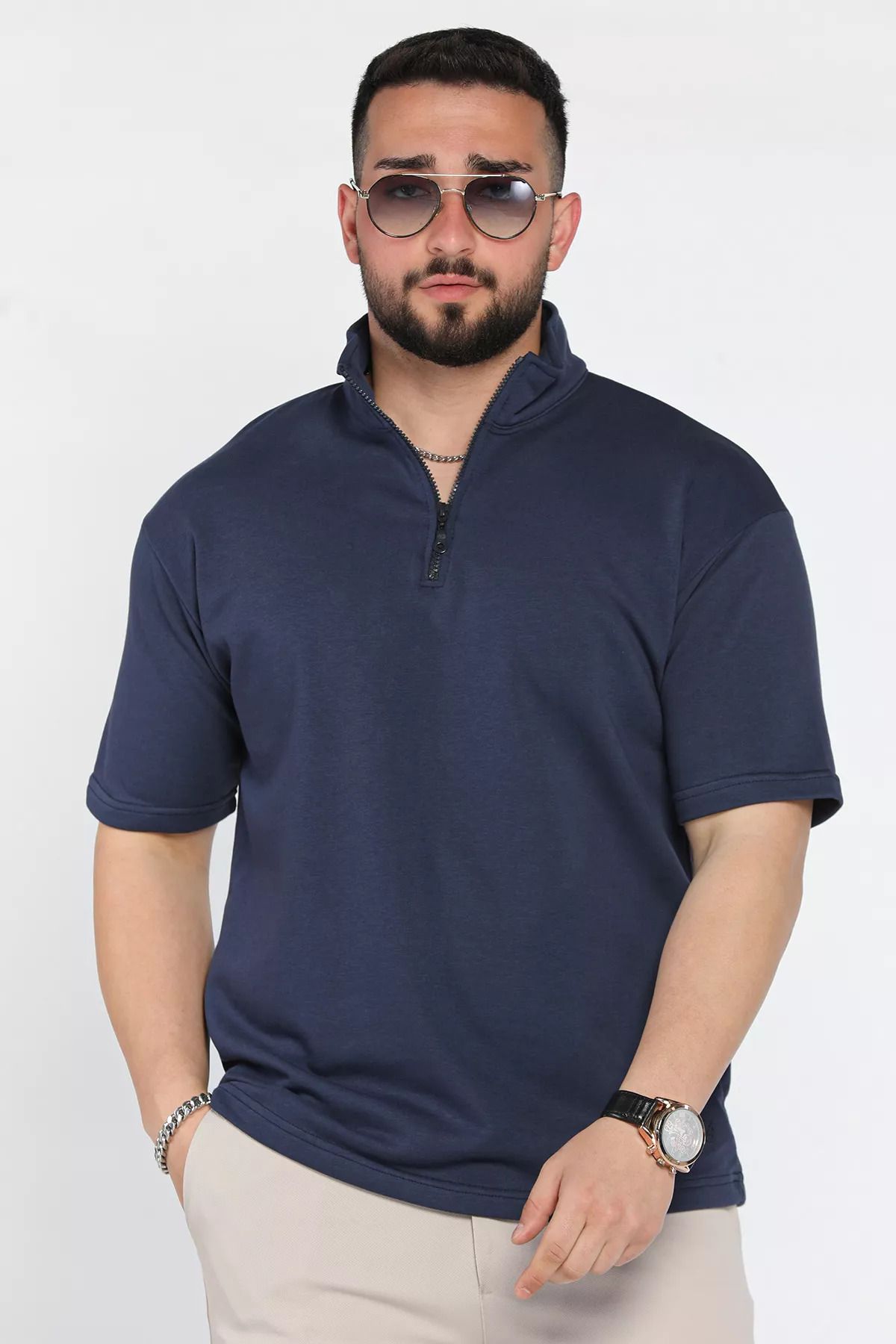 MİSHAR İTALİA Lacivert Erkek Polo Yaka Yarım Fermuarlı Oversize Tişört