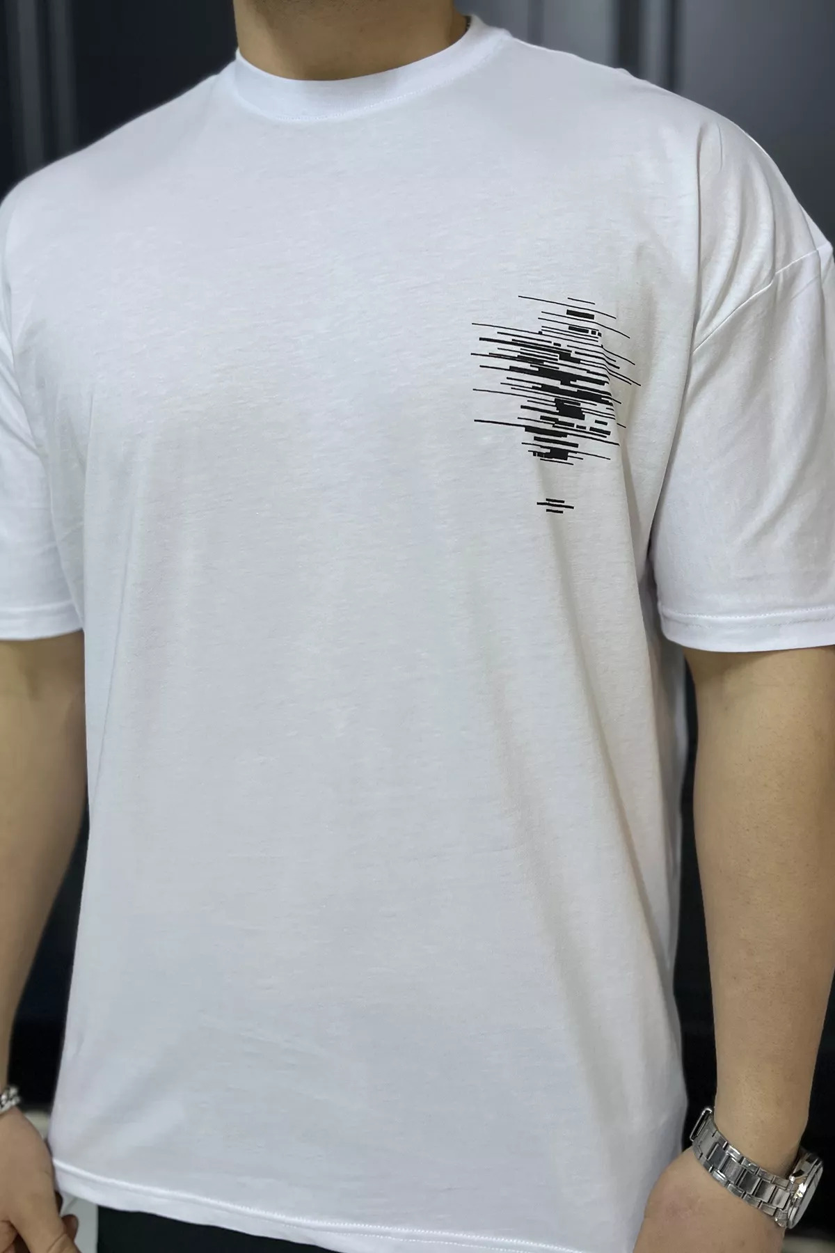 MİSHAR İTALİA-White Oversize Printed Crew Neck Men's T-Shirt 3
