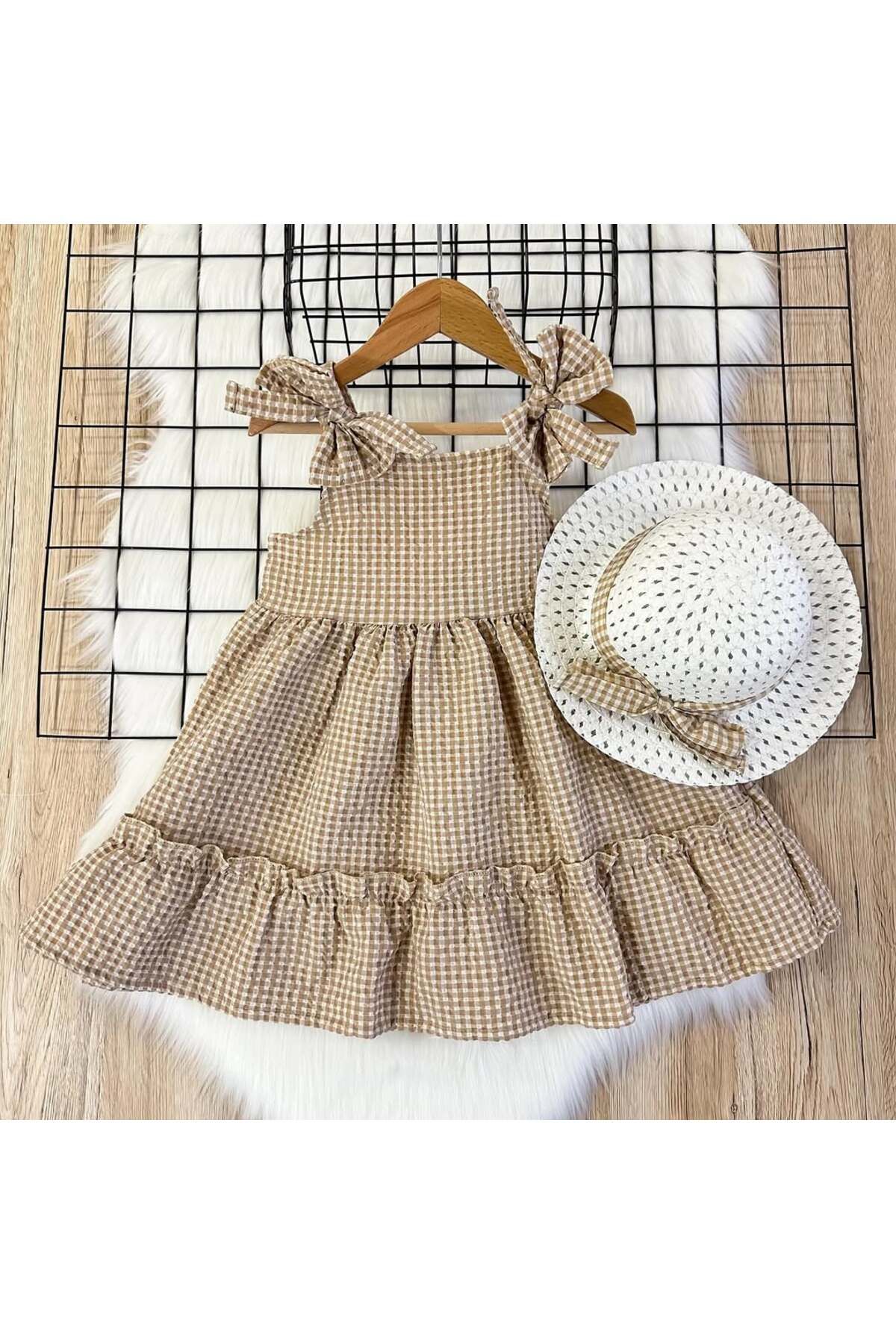Gül.co Kids Kız Çocuk Şapkalı Askılı Pötikareli Gofre Yazlık Elbise