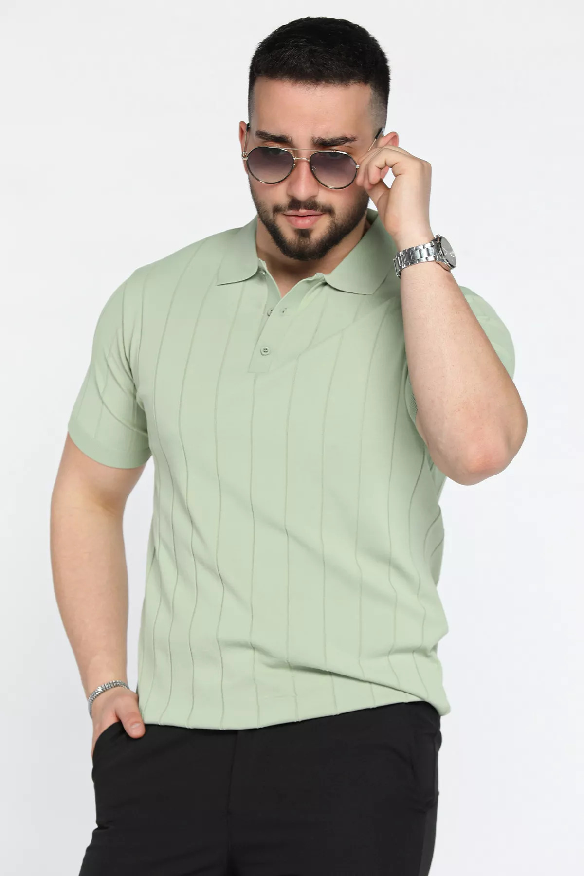 MİSHAR İTALİA-Light Khaki Polo Neck Half Button Men's Knitwear T-Shirt 2
