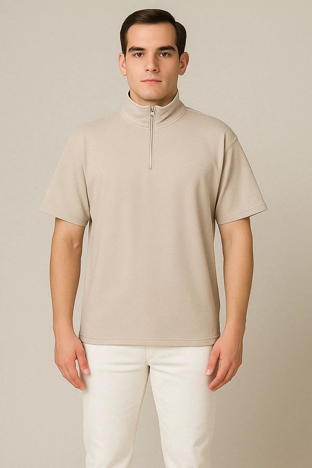 MİSHAR İTALİA Taş Erkek Polo Yaka Yarım Fermuarlı Oversize Tişört