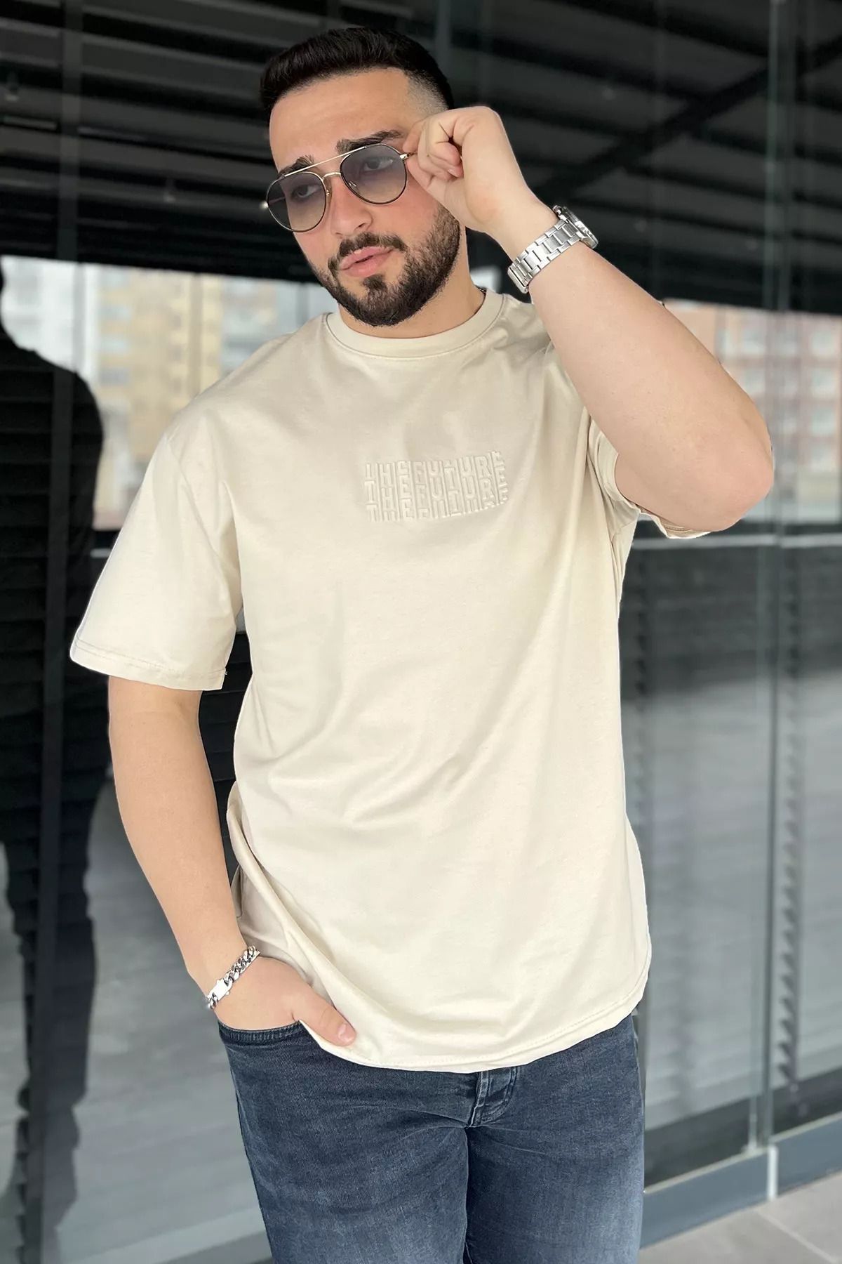 MİSHAR İTALİA Taş Erkek Silikon Yazı Baskılı Bisiklet Yaka Tişört