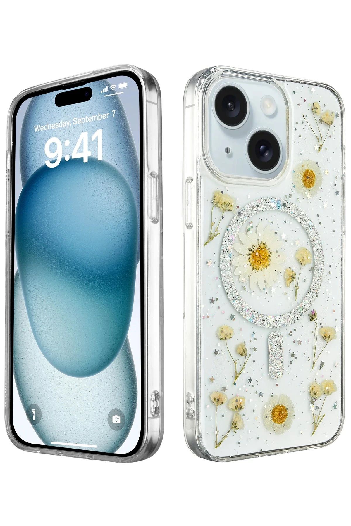 NewFace iPhone 14 Kılıf Daisy Simli Magsafe Kapak - Gümüş JOJUA