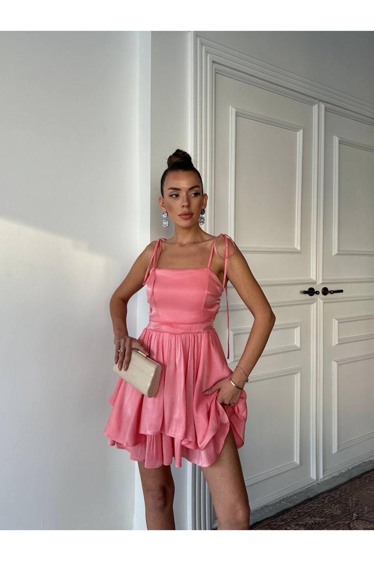 MAXMOOR Kadın Pembe Askılı Parlak Mini Elbise