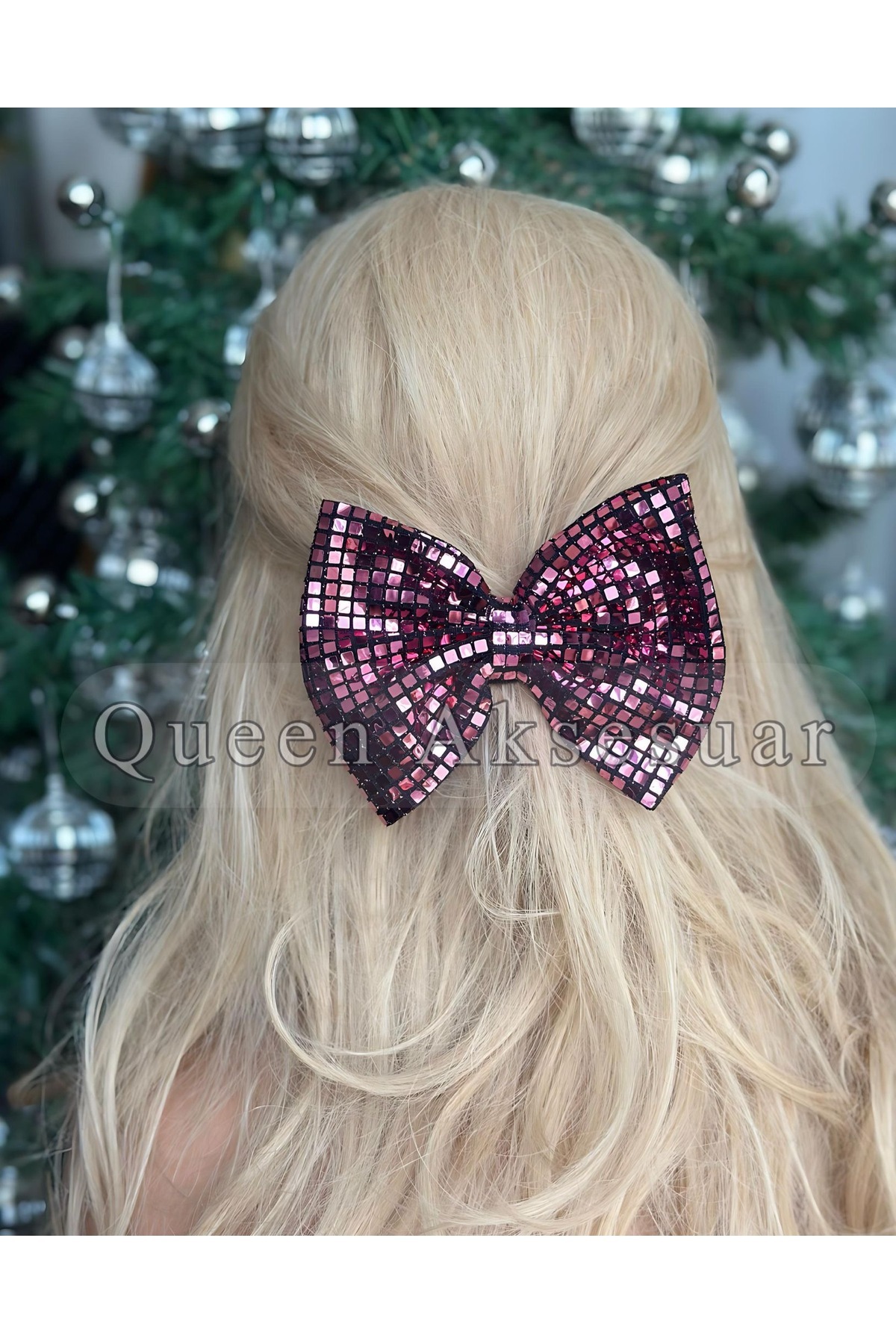 QUEEN AKSESUAR-Luxury Design Mosaic Square Shiny Sequin Disco Glittering Bow Metallic Pink Automatic Clip Buckle 2