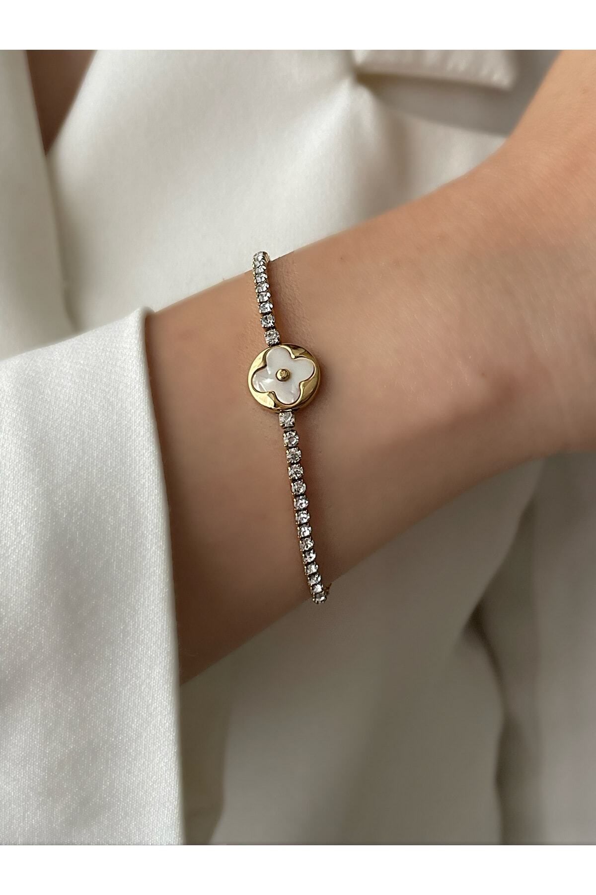 GUNESTAKI Kadın Çelik Gold Renk Zirkon Taşlı Beyaz Sedefli Van Cleef Yonca Model Işıltılı Tasarım Bileklik